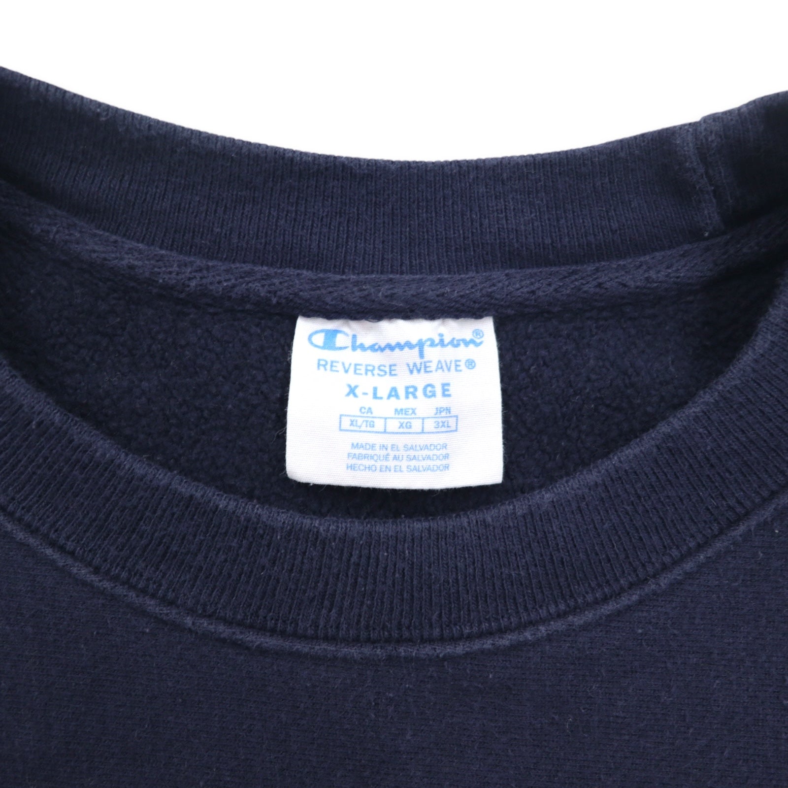 Champion Reverse Weave, felpa stampata con logo script, 3XL, blu navy, replica etichetta blu singola, Made in El Salvador.