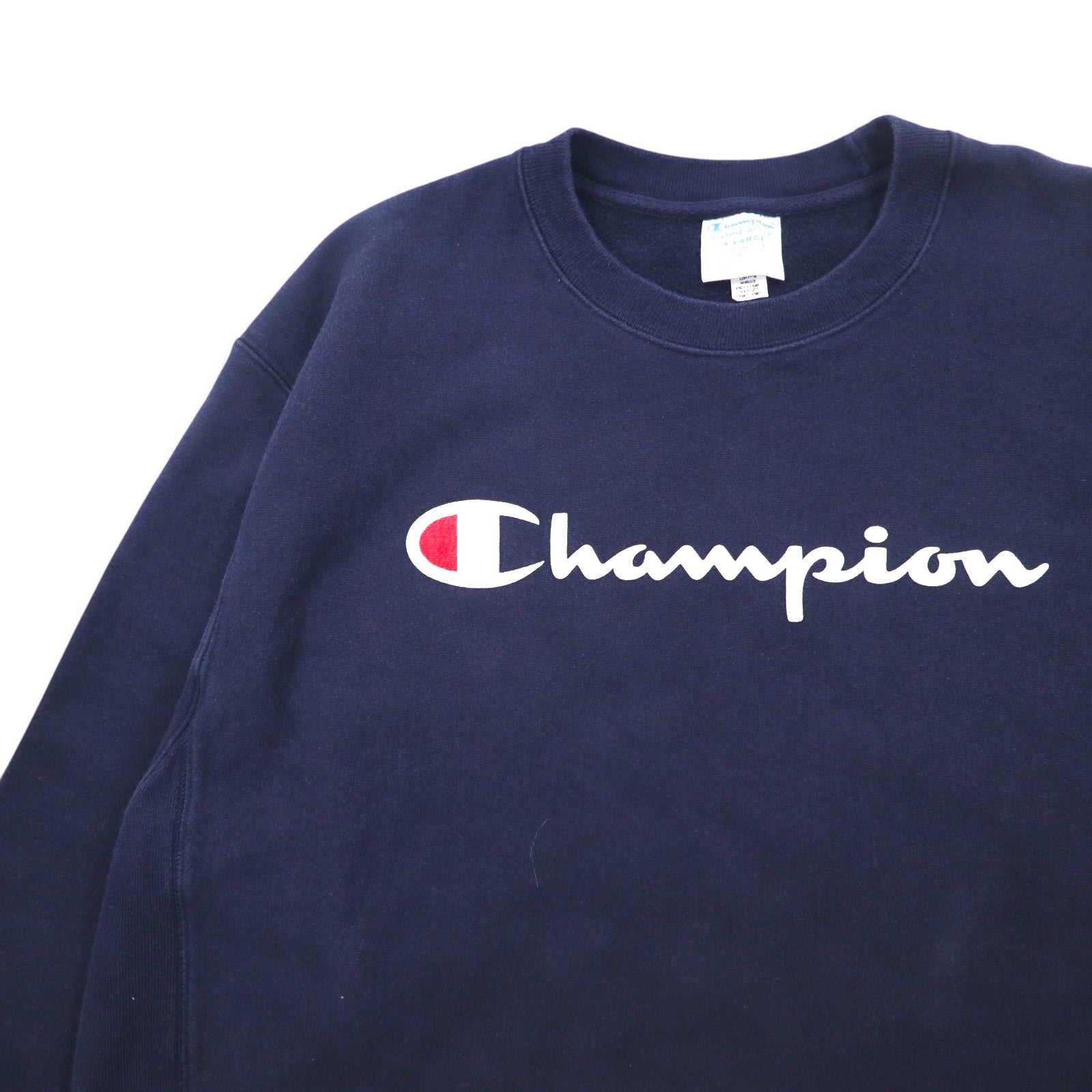 Champion Reverse Weave, felpa stampata con logo script, 3XL, blu navy, replica etichetta blu singola, Made in El Salvador.