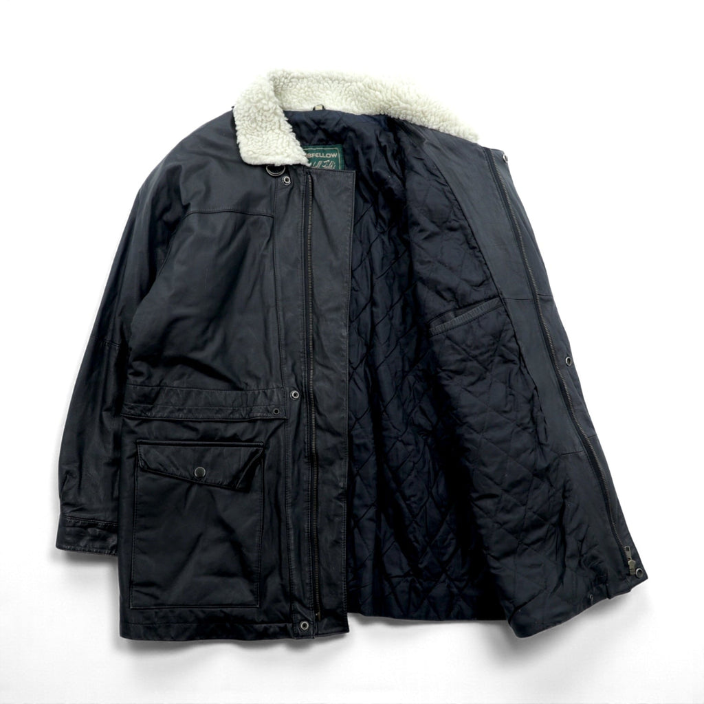 CLUB FELLOW 90年代 ヴィンテージ 襟ボア 中綿 レザーコート XL ブラック キルティングライナー 比翼 ジップアップ Marshall Fields