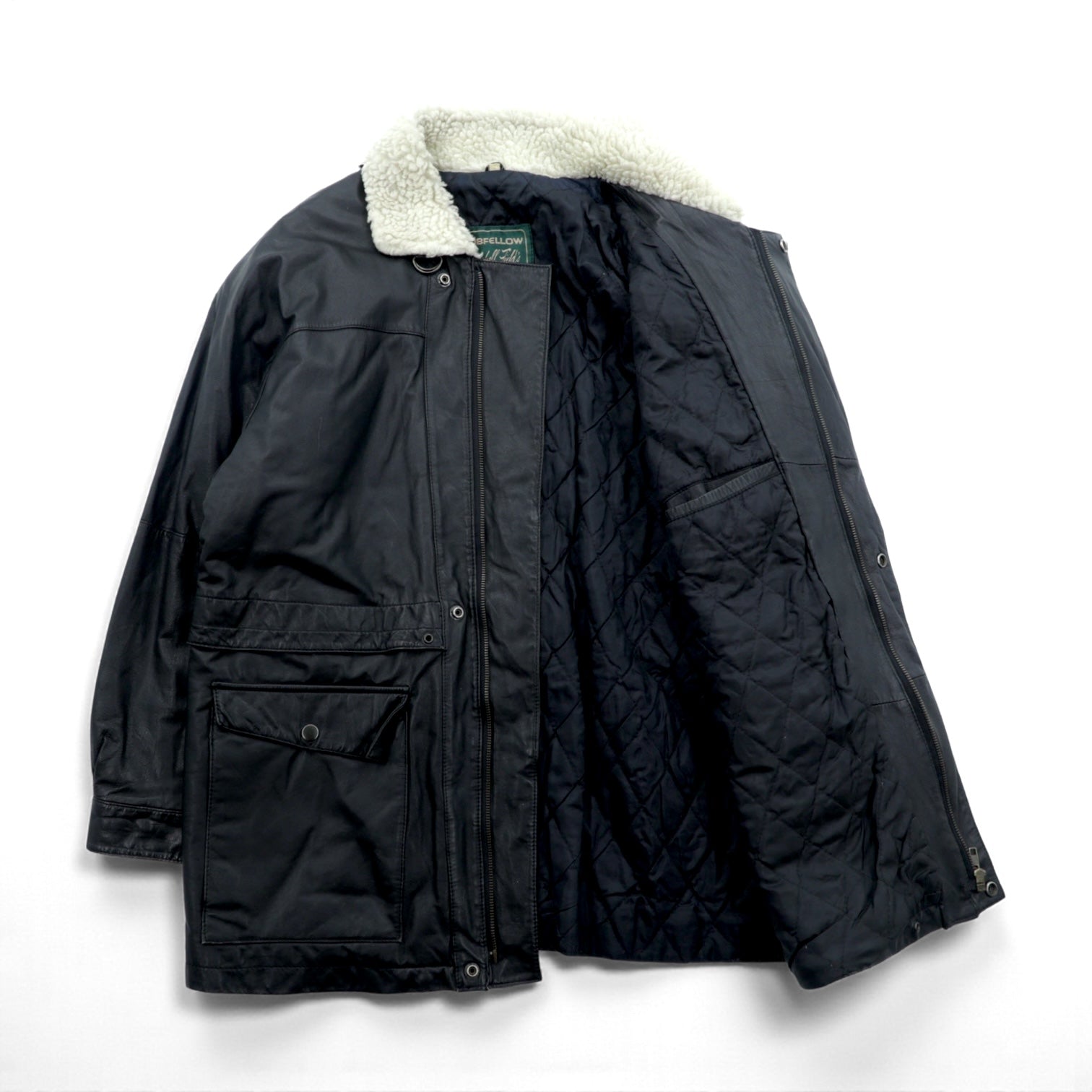 CLUB FELLOW 90年代 ヴィンテージ 襟ボア 中綿 レザーコート XL ブラック キルティングライナー 比翼 ジップアップ Marshall Fields