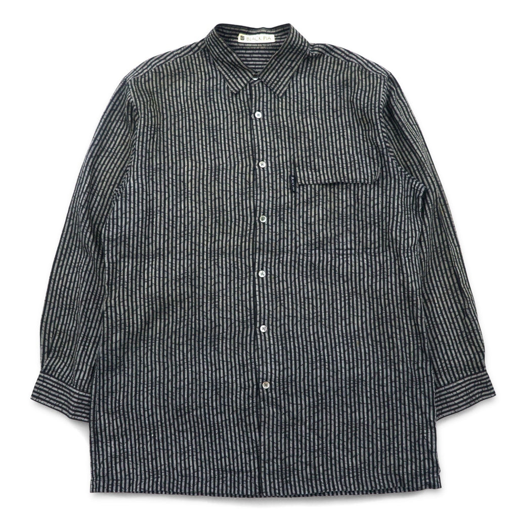 BLACK PIA Anni '90 Camicia di lino a righe L Grigio Nero Tasche a patta Made in Japan