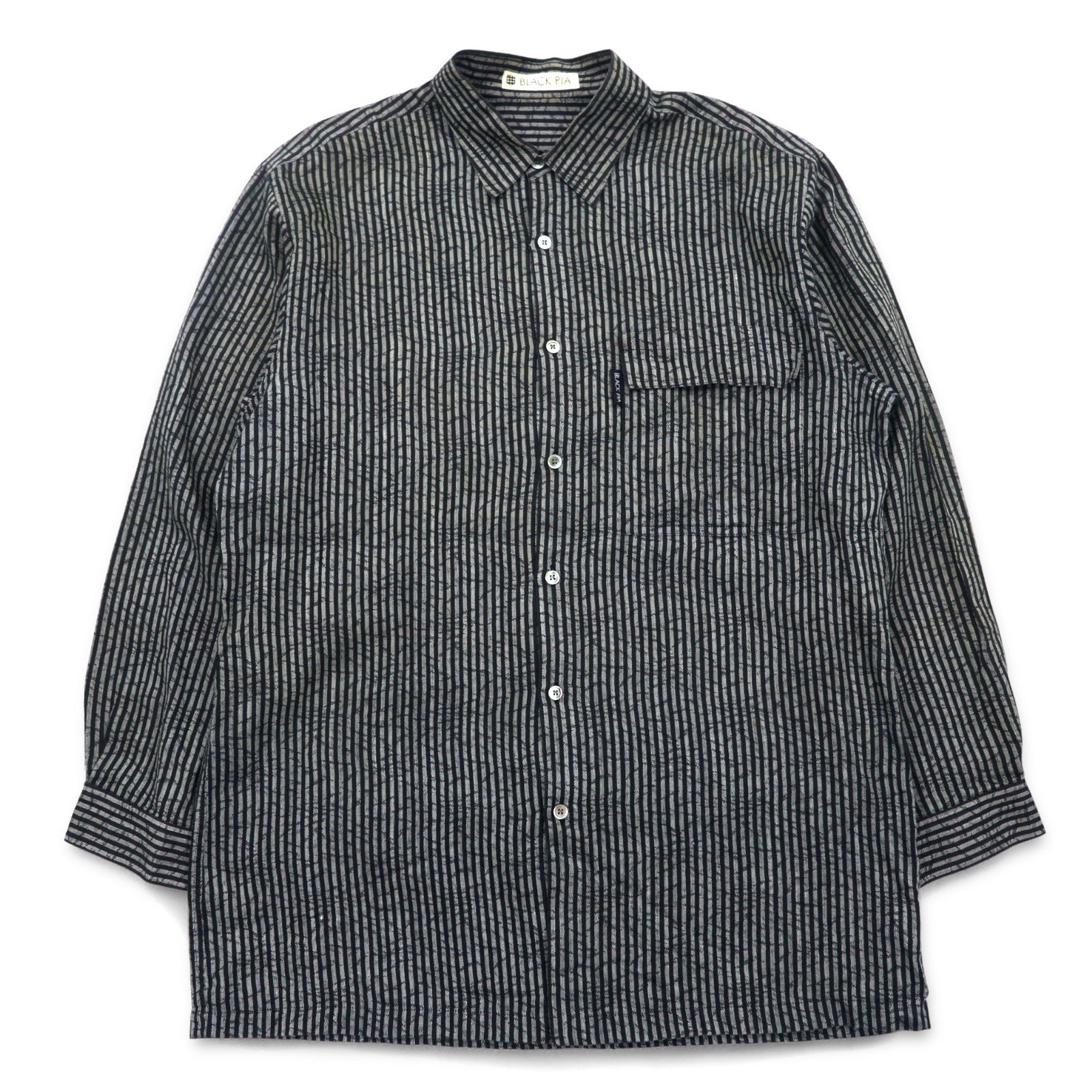 BLACK PIA Anni '90 Camicia di lino a righe L Grigio Nero Tasche a patta Made in Japan