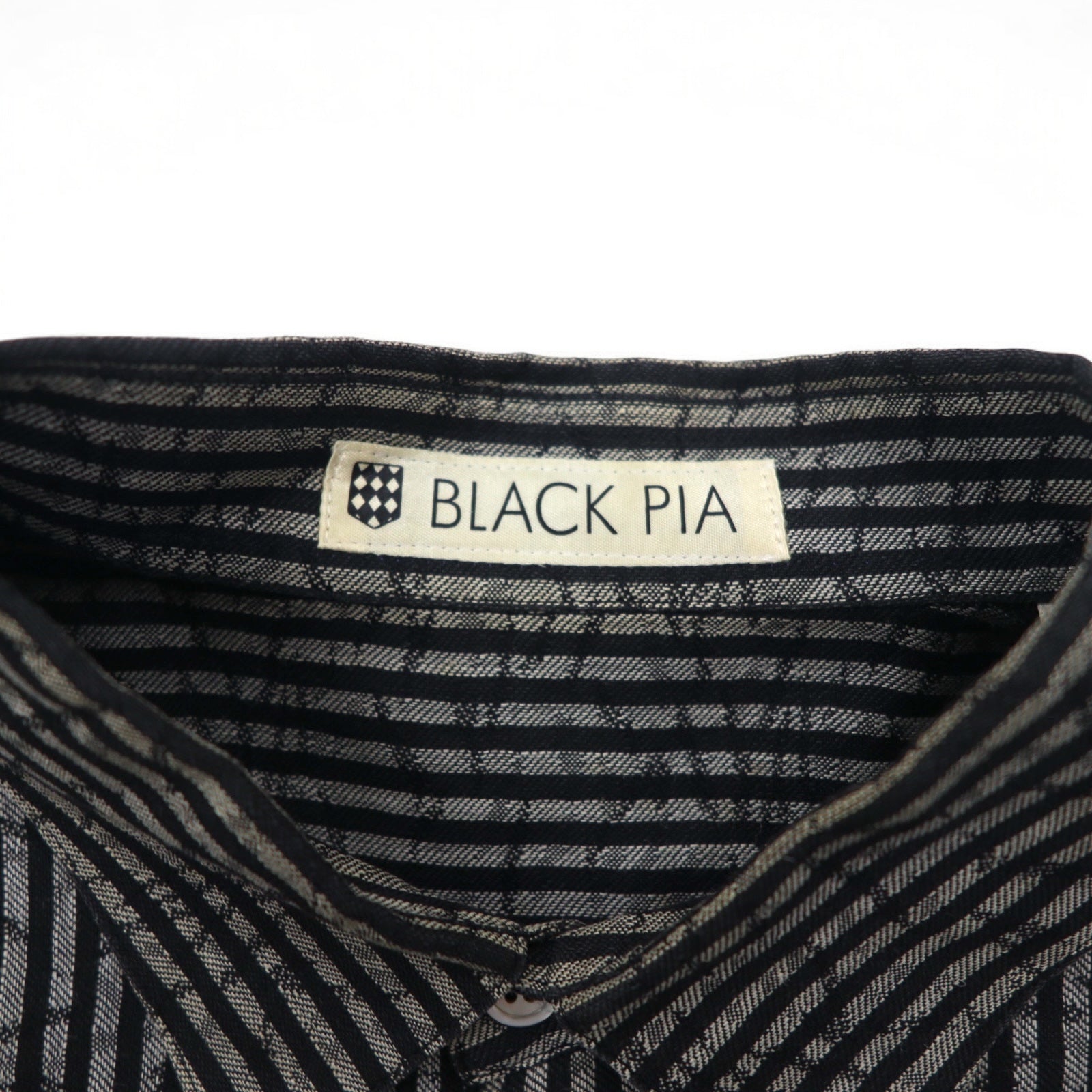 BLACK PIA Anni '90 Camicia di lino a righe L Grigio Nero Tasche a patta Made in Japan