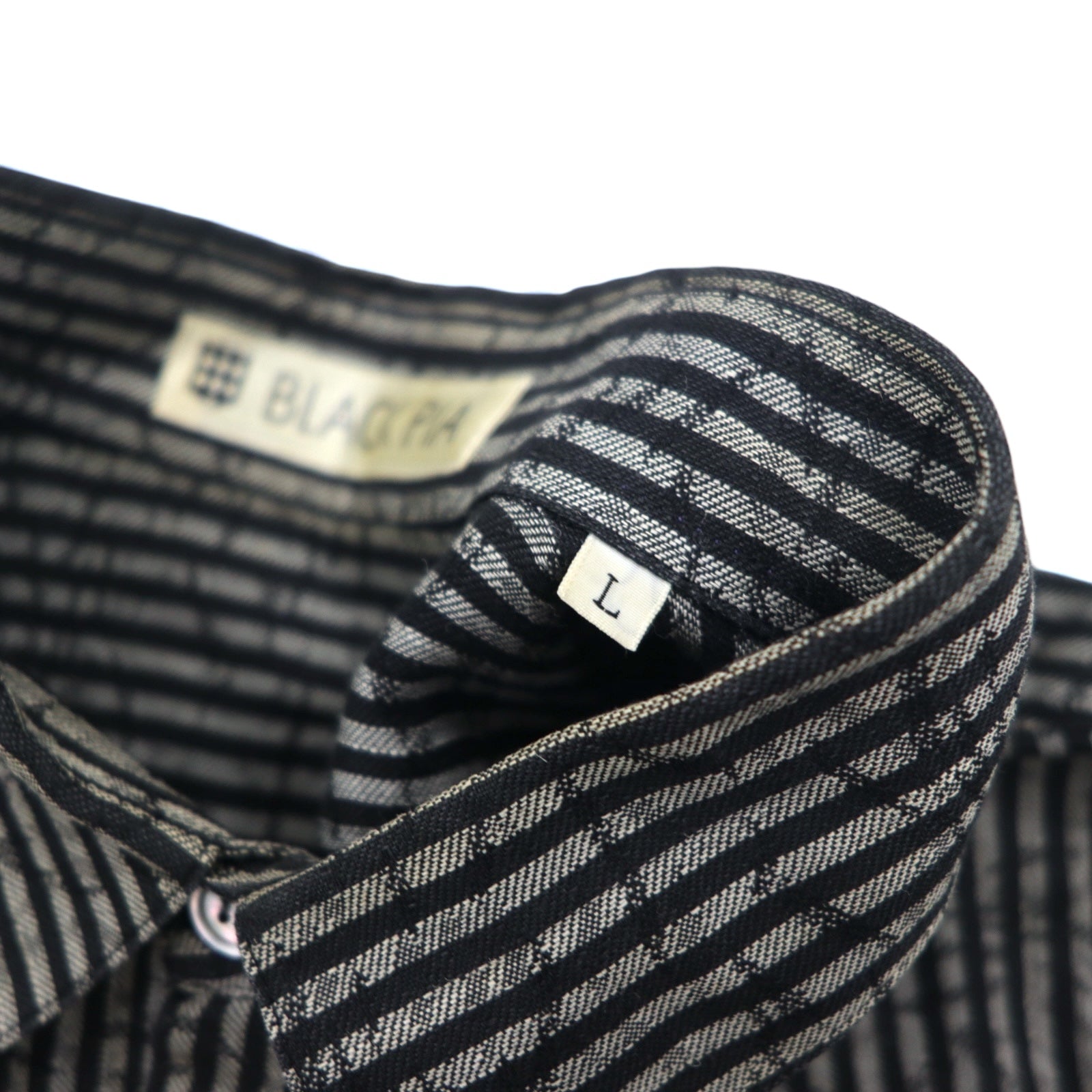 BLACK PIA Anni '90 Camicia di lino a righe L Grigio Nero Tasche a patta Made in Japan