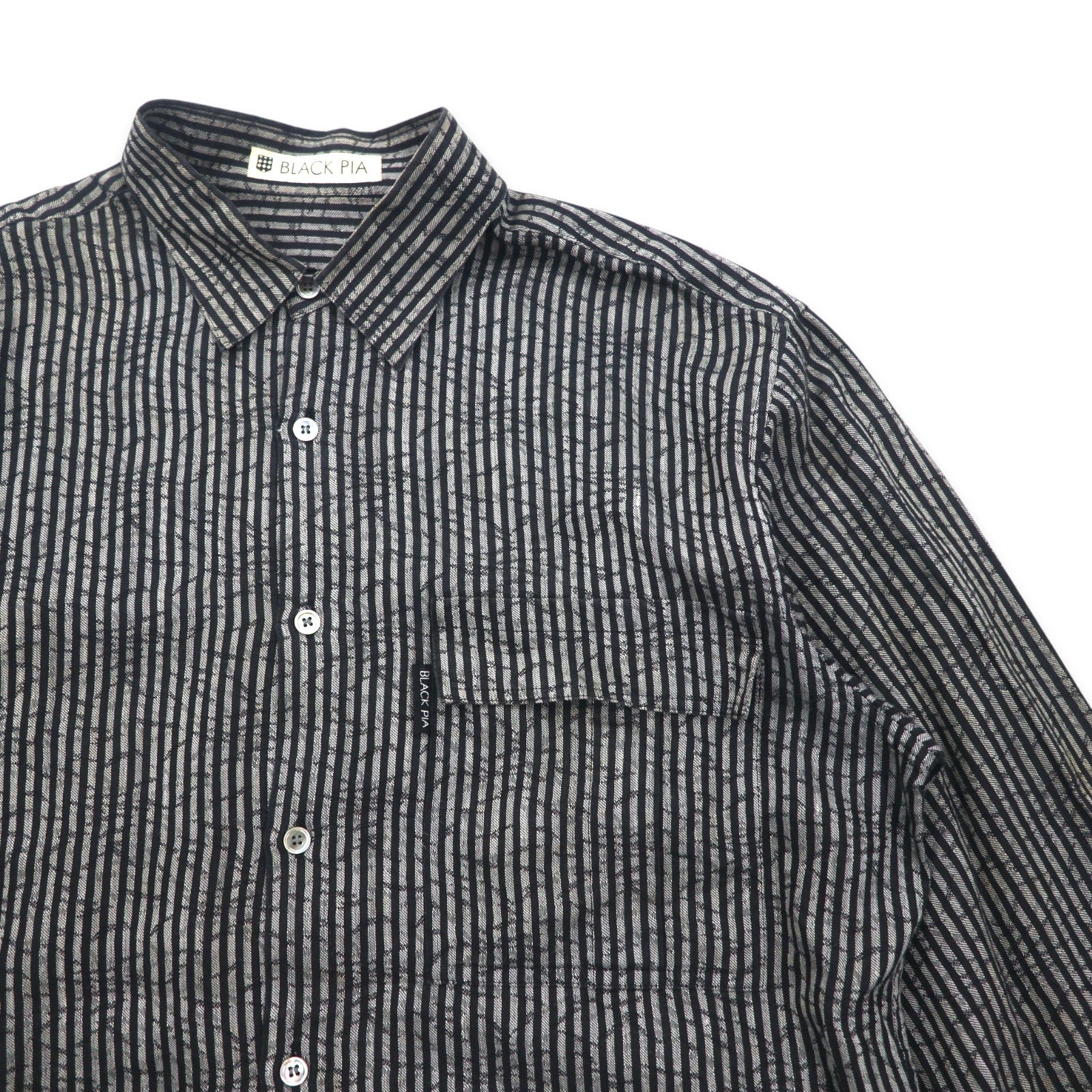 BLACK PIA Anni '90 Camicia di lino a righe L Grigio Nero Tasche a patta Made in Japan