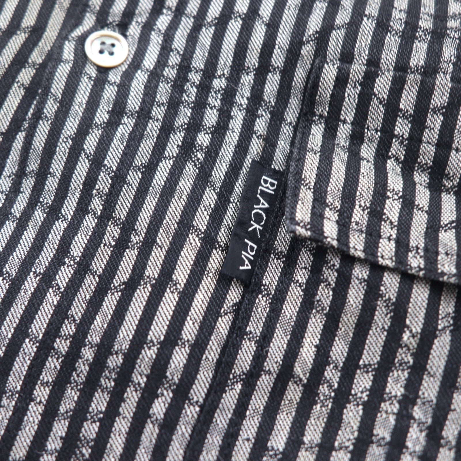 BLACK PIA Anni '90 Camicia di lino a righe L Grigio Nero Tasche a patta Made in Japan