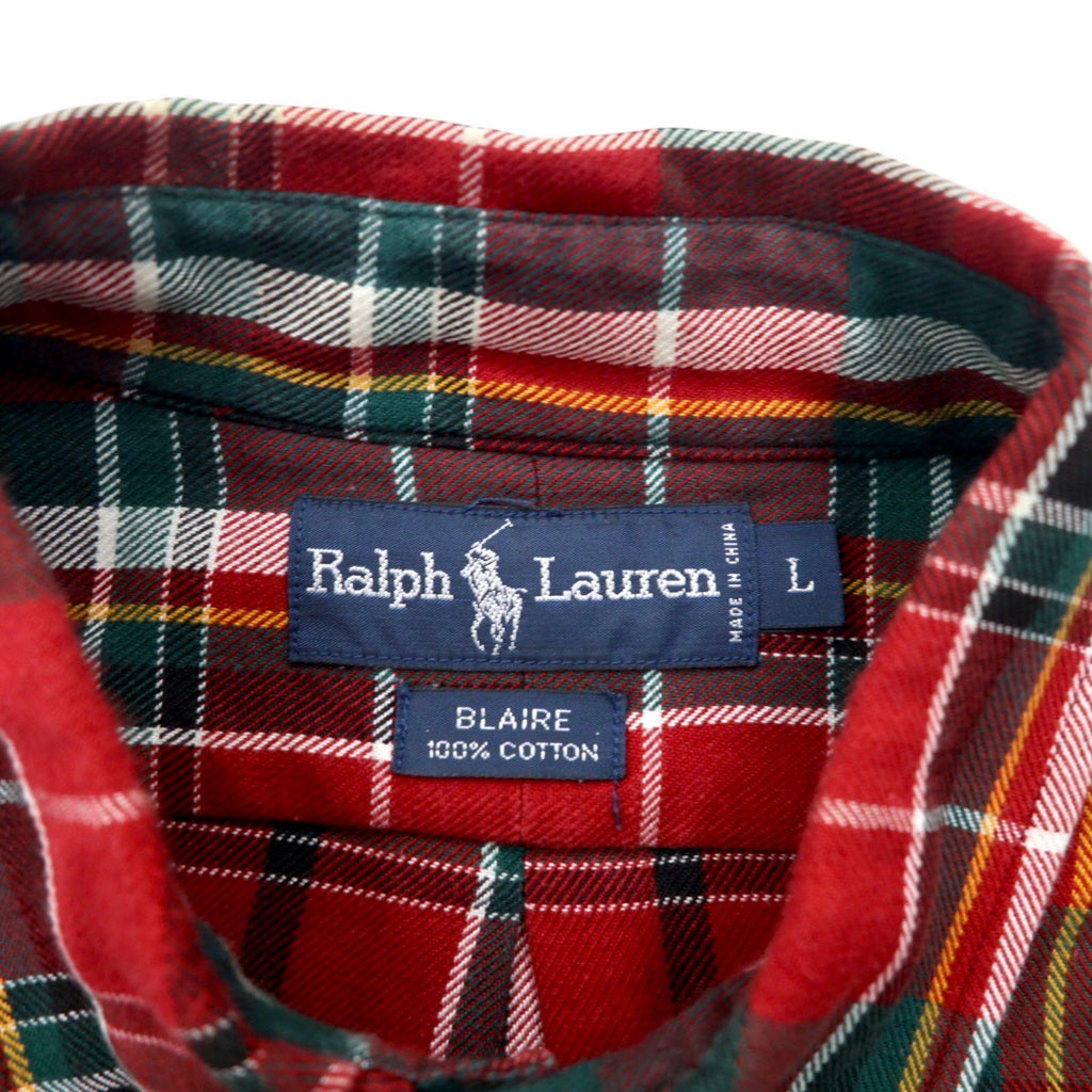 RALPH LAUREN anni '90 camicia flanella button-down BLAIRE L quadri rossa ricamo piccolo pony