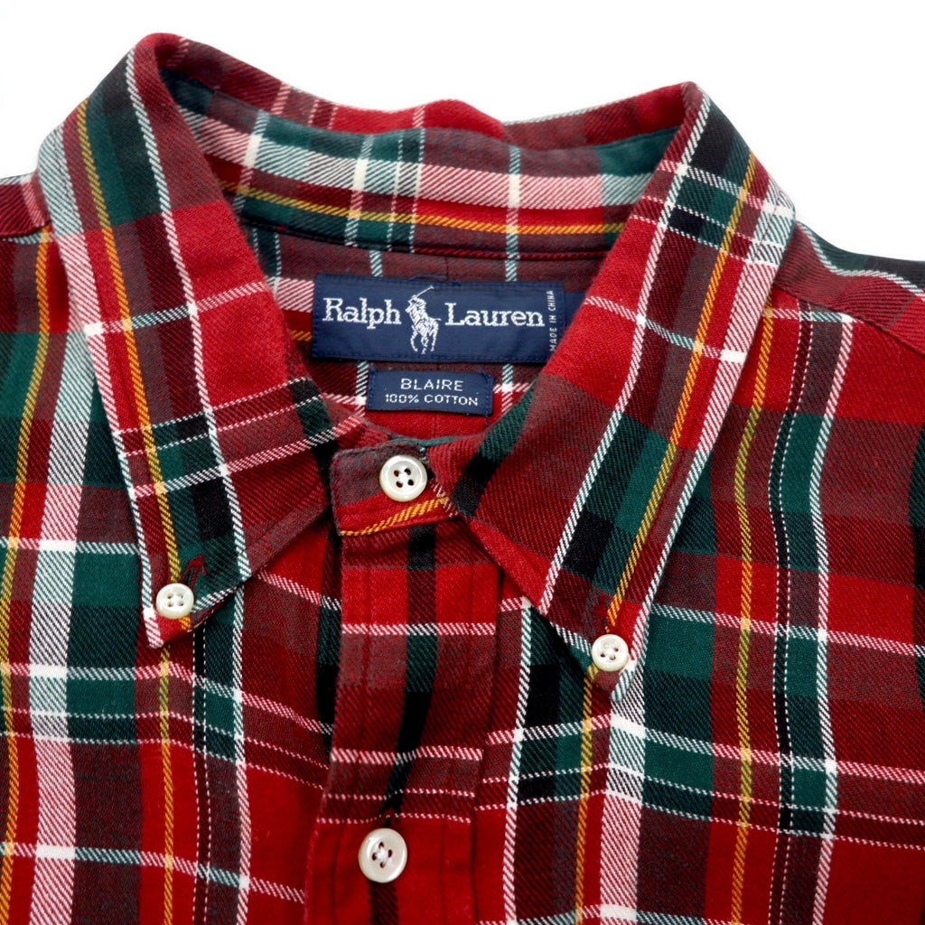 RALPH LAUREN anni '90 camicia flanella button-down BLAIRE L quadri rossa ricamo piccolo pony