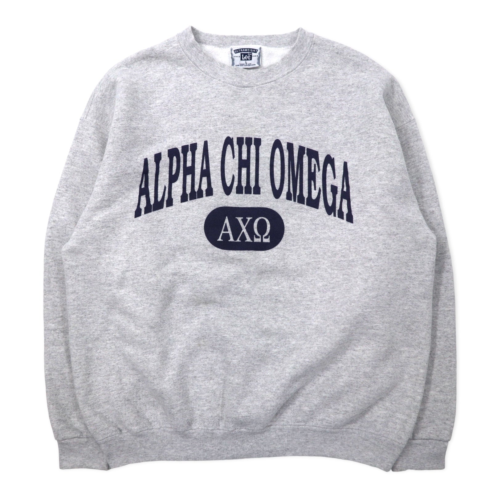 Felpa Lee USA anni '90 ULTRAWEIGHT con stampa college L grigio cotone felpata ALPHA CHI OMEGA con logo ad arco