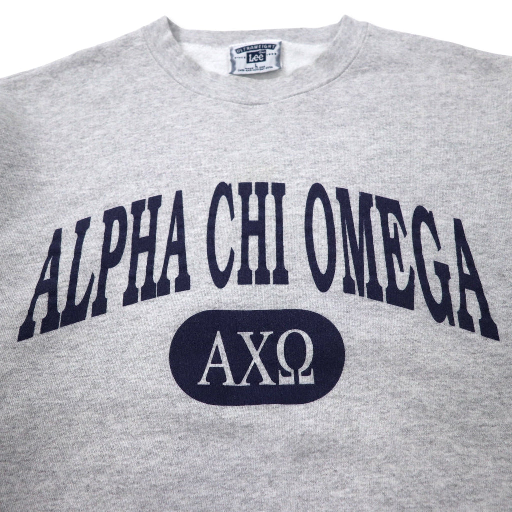 Felpa Lee USA anni '90 ULTRAWEIGHT con stampa college L grigio cotone felpata ALPHA CHI OMEGA con logo ad arco
