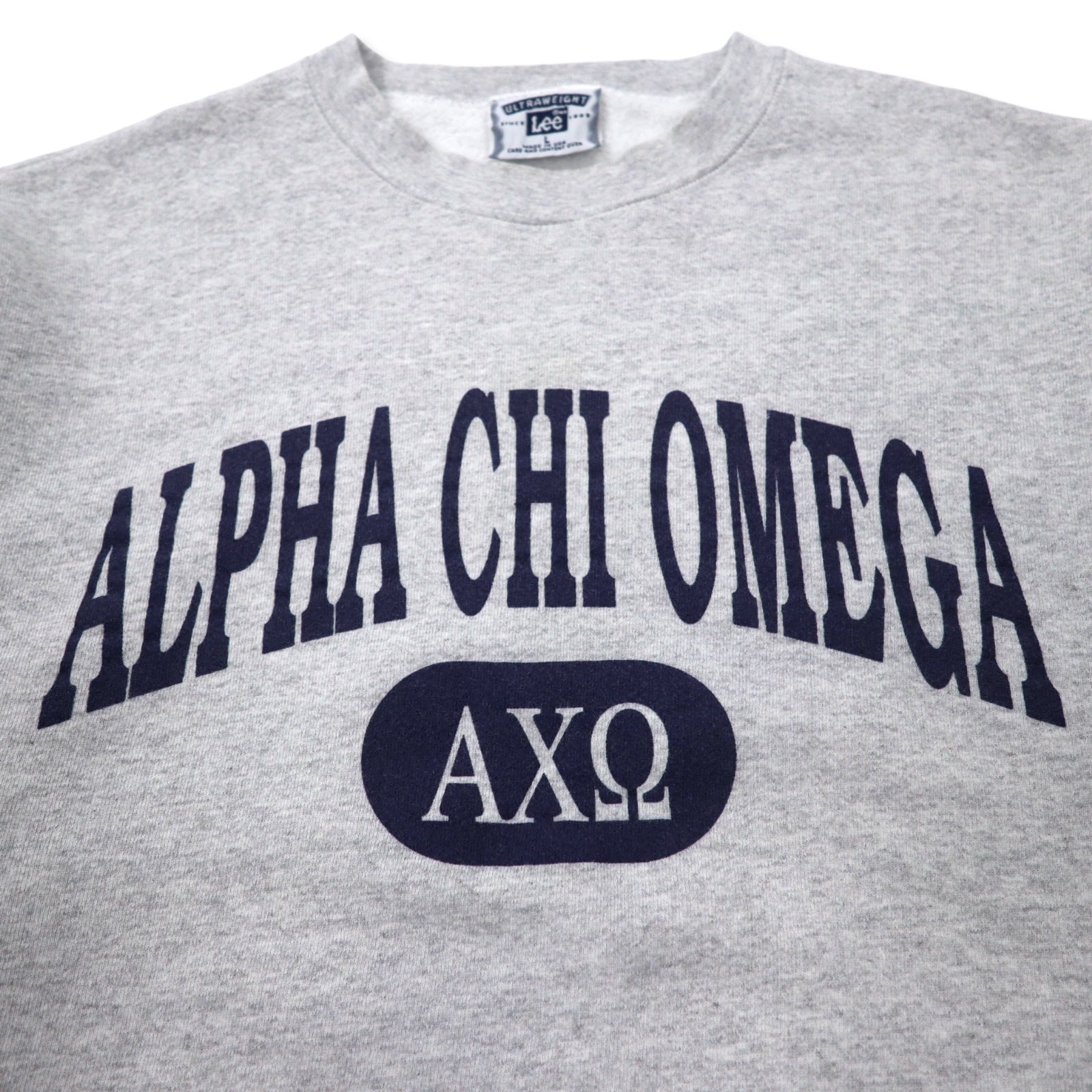 Felpa Lee USA anni '90 ULTRAWEIGHT con stampa college L grigio cotone felpata ALPHA CHI OMEGA con logo ad arco