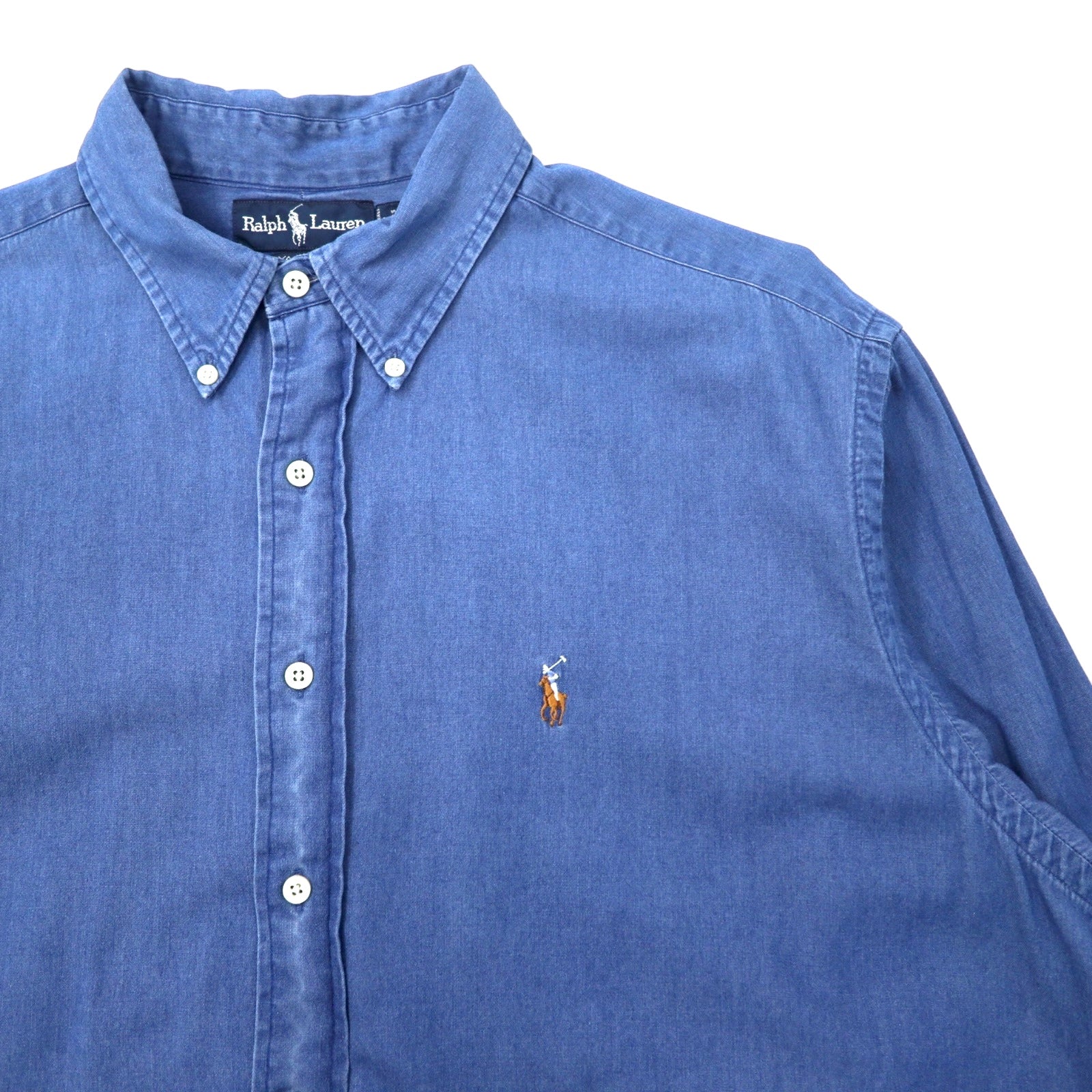Ralph Lauren 90年代 インディゴ デニム ボタンダウンシャツ 17 34/35 ブルー コットン YARMOUTH スモールポニー 刺繍