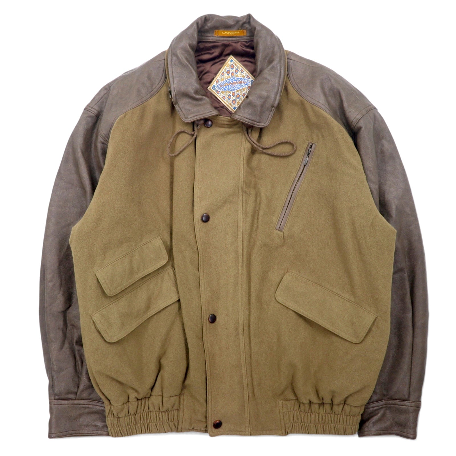 LANCEL Giubbotto bomber con inserti in materiali diversi, taglia M, marrone, in poliestere, con cappuccio ripiegabile, made in Japan
