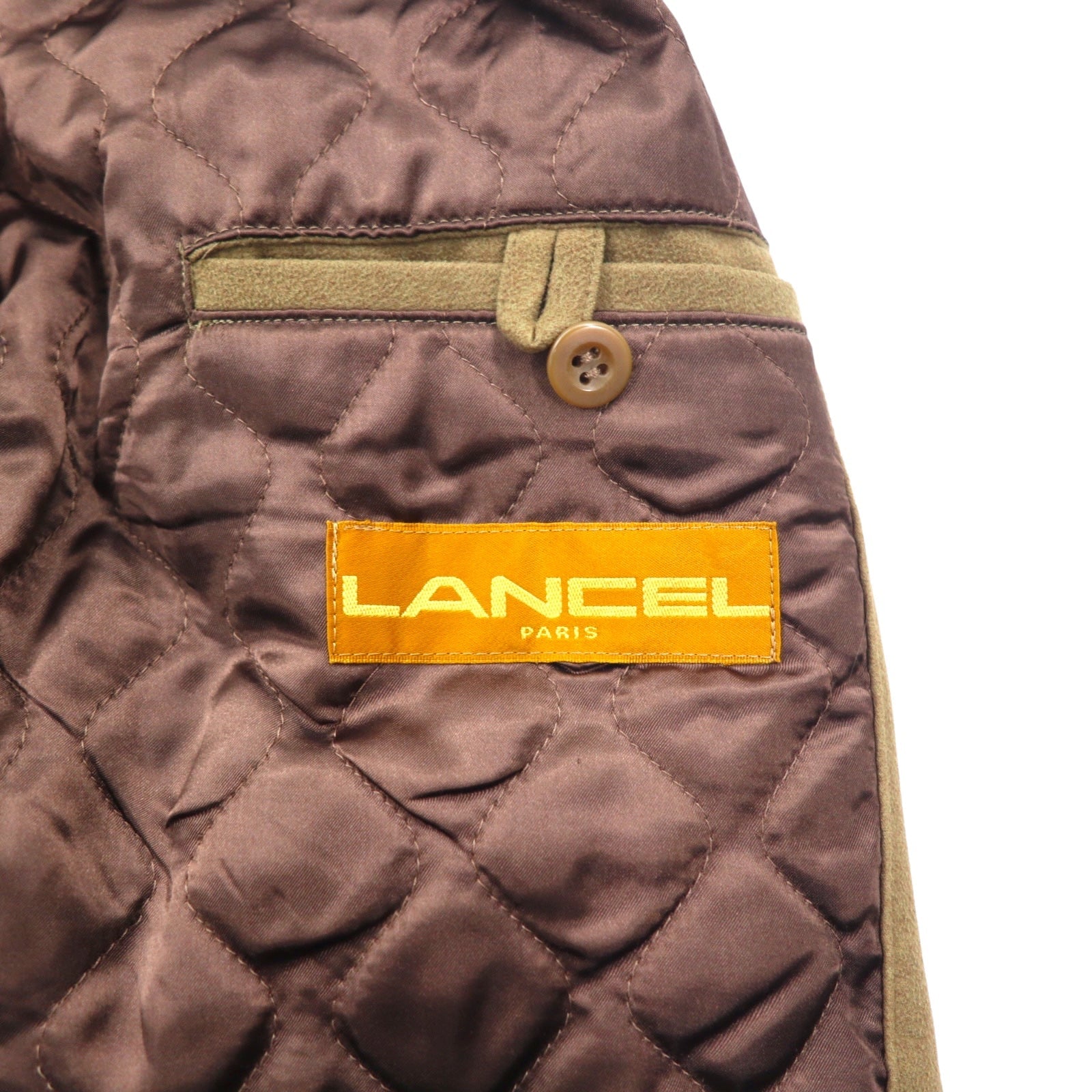 LANCEL Giubbotto bomber con inserti in materiali diversi, taglia M, marrone, in poliestere, con cappuccio ripiegabile, made in Japan