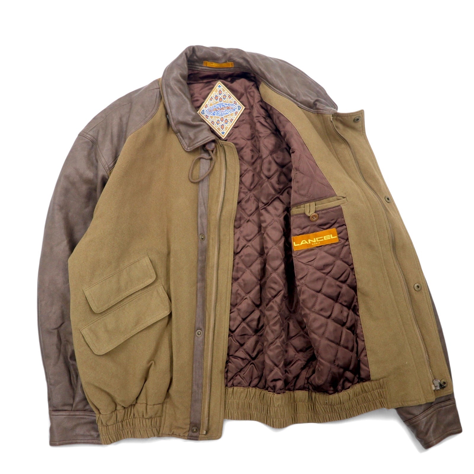 LANCEL Giubbotto bomber con inserti in materiali diversi, taglia M, marrone, in poliestere, con cappuccio ripiegabile, made in Japan