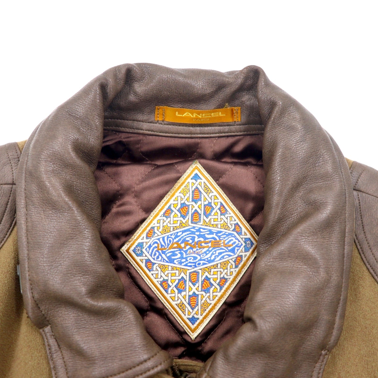 LANCEL Giubbotto bomber con inserti in materiali diversi, taglia M, marrone, in poliestere, con cappuccio ripiegabile, made in Japan