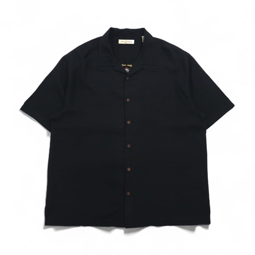 Tommy Bahama シルク 半袖 オープンカラーシャツ 開襟 ボックスシャツ XL ブラック バックロゴ刺繍