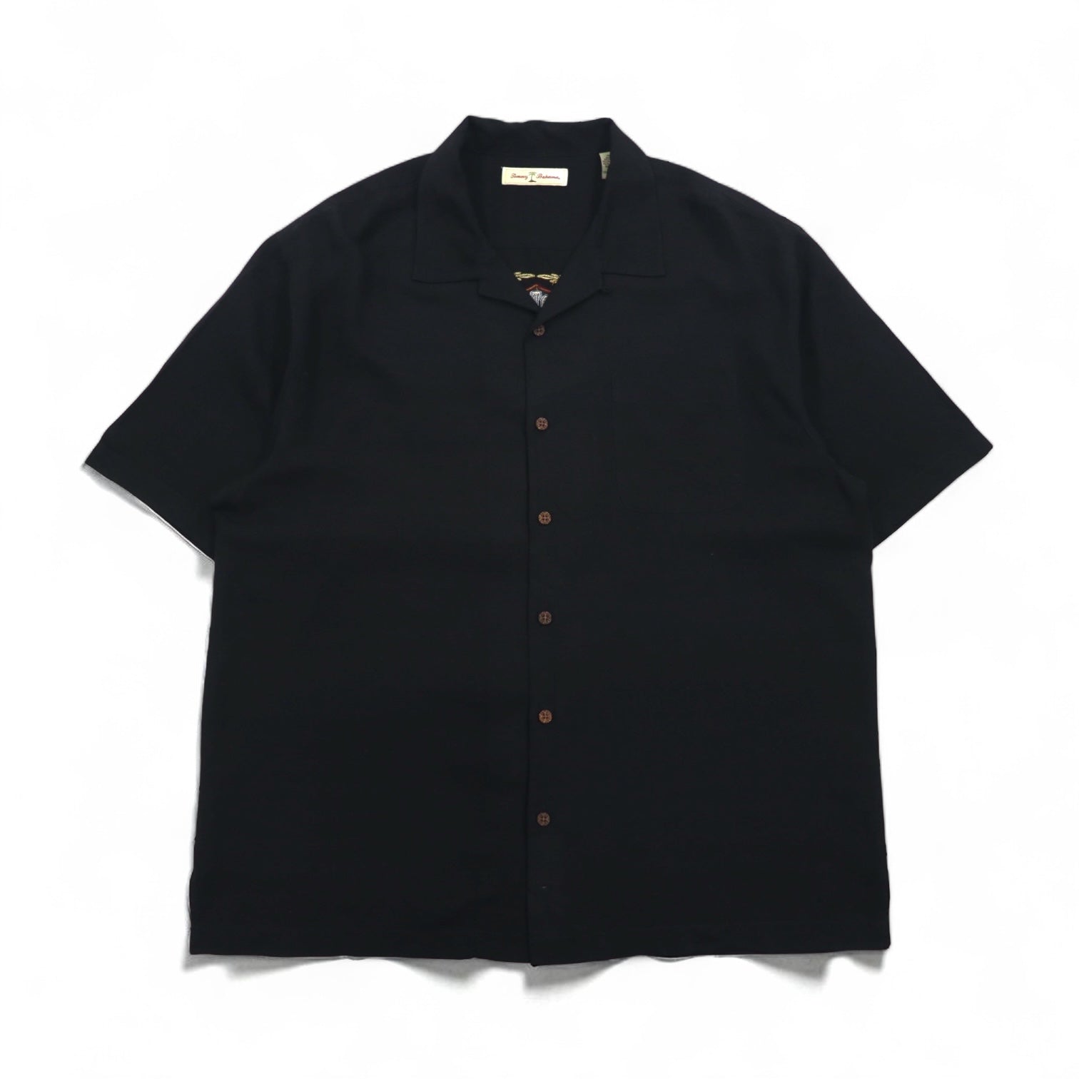 Tommy Bahama Camicia a maniche corte in seta con collo aperto, vestibilità squadrata, taglia XL, nera, con logo ricamato sul retro
