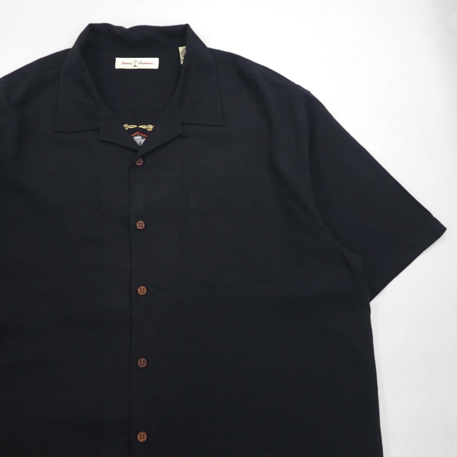 Tommy Bahama Camicia a maniche corte in seta con collo aperto, vestibilità squadrata, taglia XL, nera, con logo ricamato sul retro