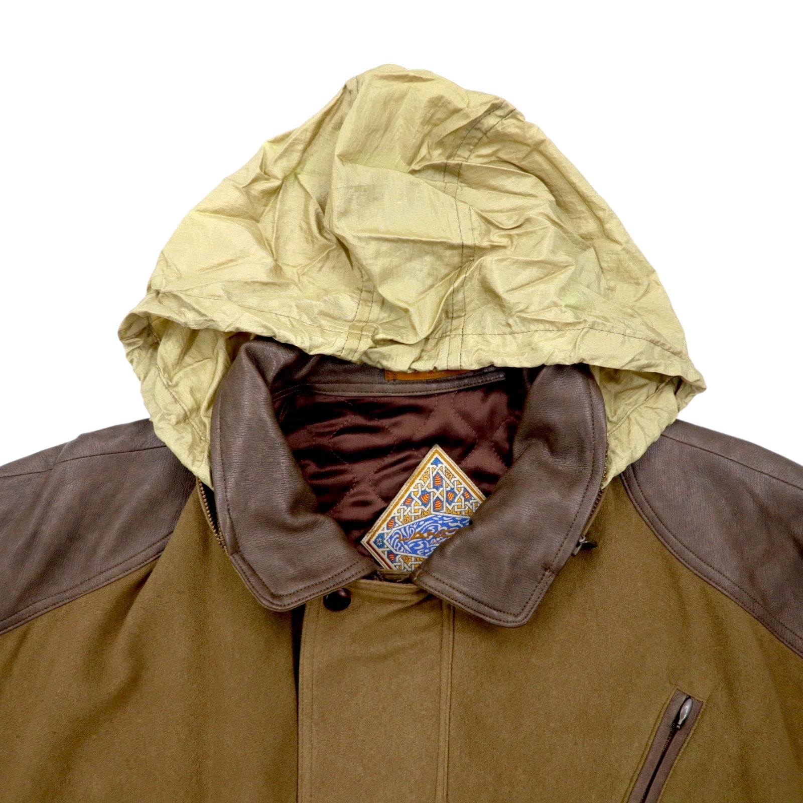 LANCEL Giubbotto bomber con inserti in materiali diversi, taglia M, marrone, in poliestere, con cappuccio ripiegabile, made in Japan