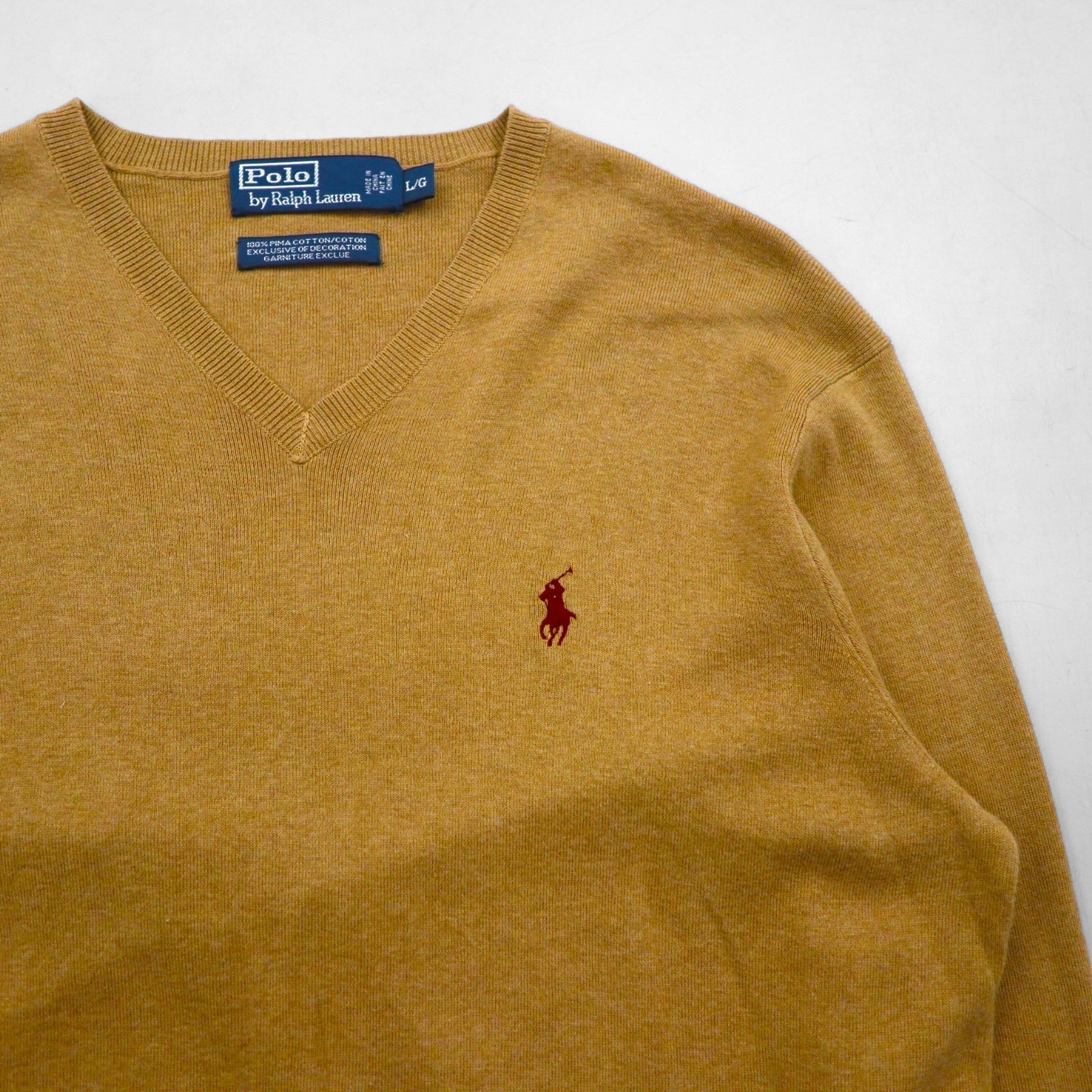 Polo Ralph Lauren 90年代 Vネック ピマコットン ニット セーター L ベージュ スモールポニー刺繡