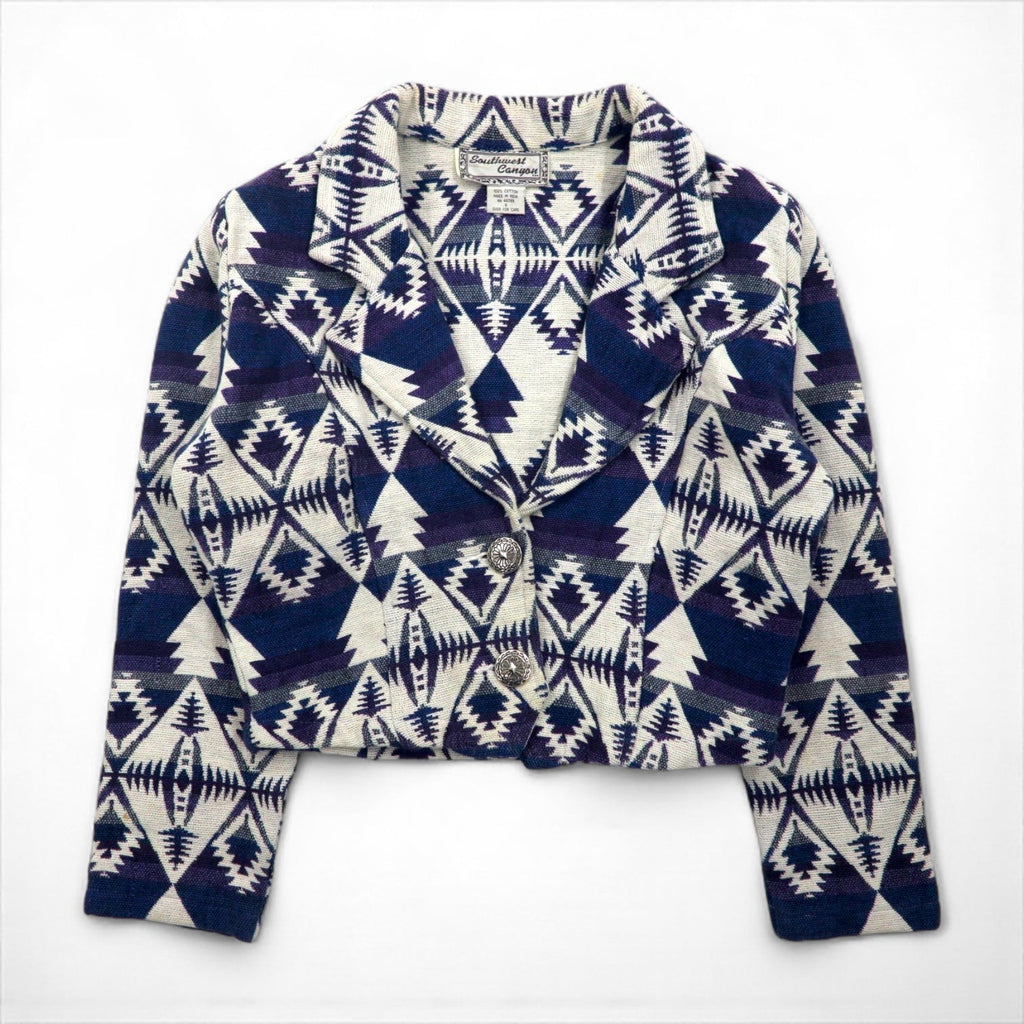 90s Vintage Jacquard Blazer 90年代 チマヨ柄 ジャガードジャケット S コンチョボタン ネイティブ柄 短丈 Southwest Canyon