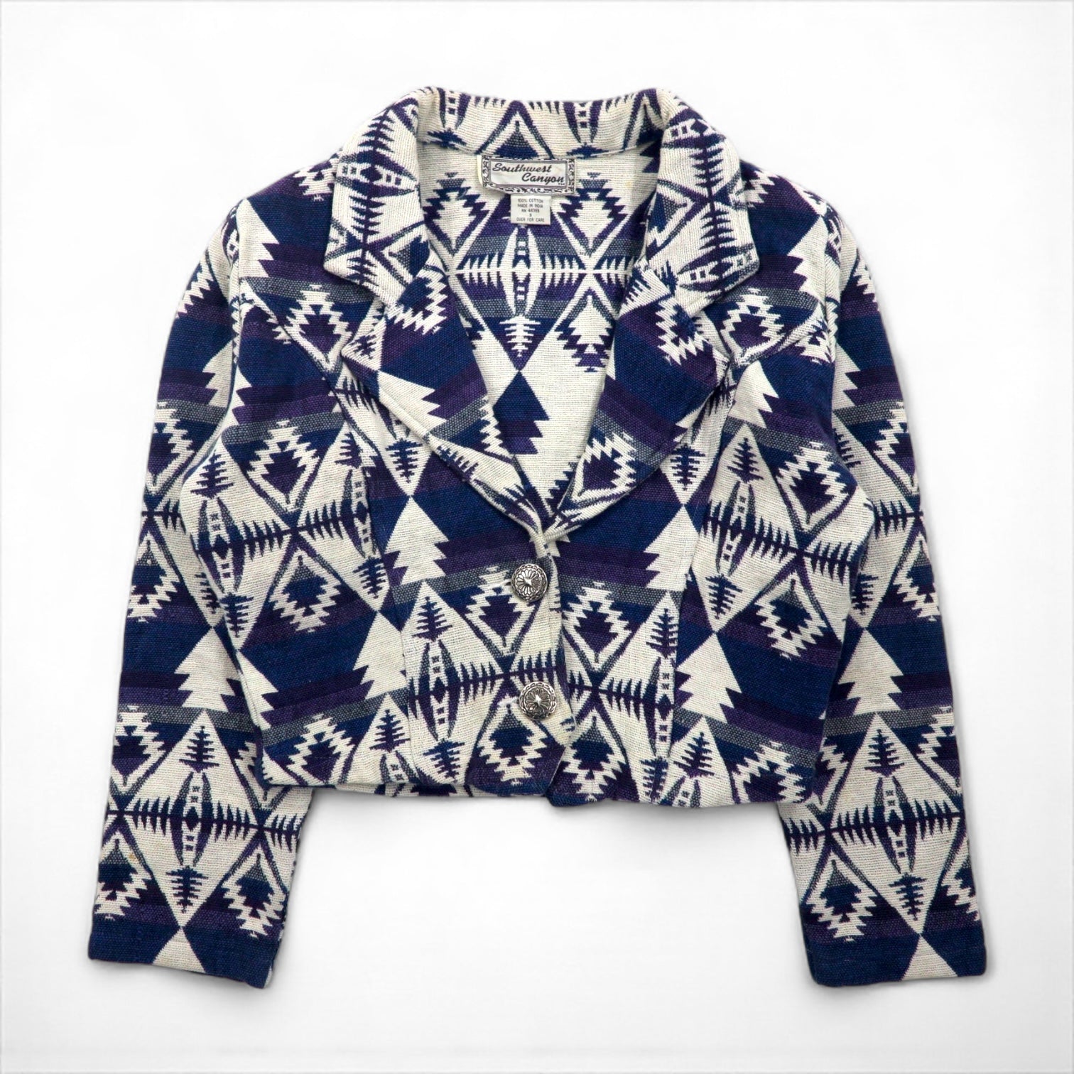 90s Vintage Jacquard Blazer 90年代 チマヨ柄 ジャガードジャケット S コンチョボタン ネイティブ柄 短丈 Southwest Canyon