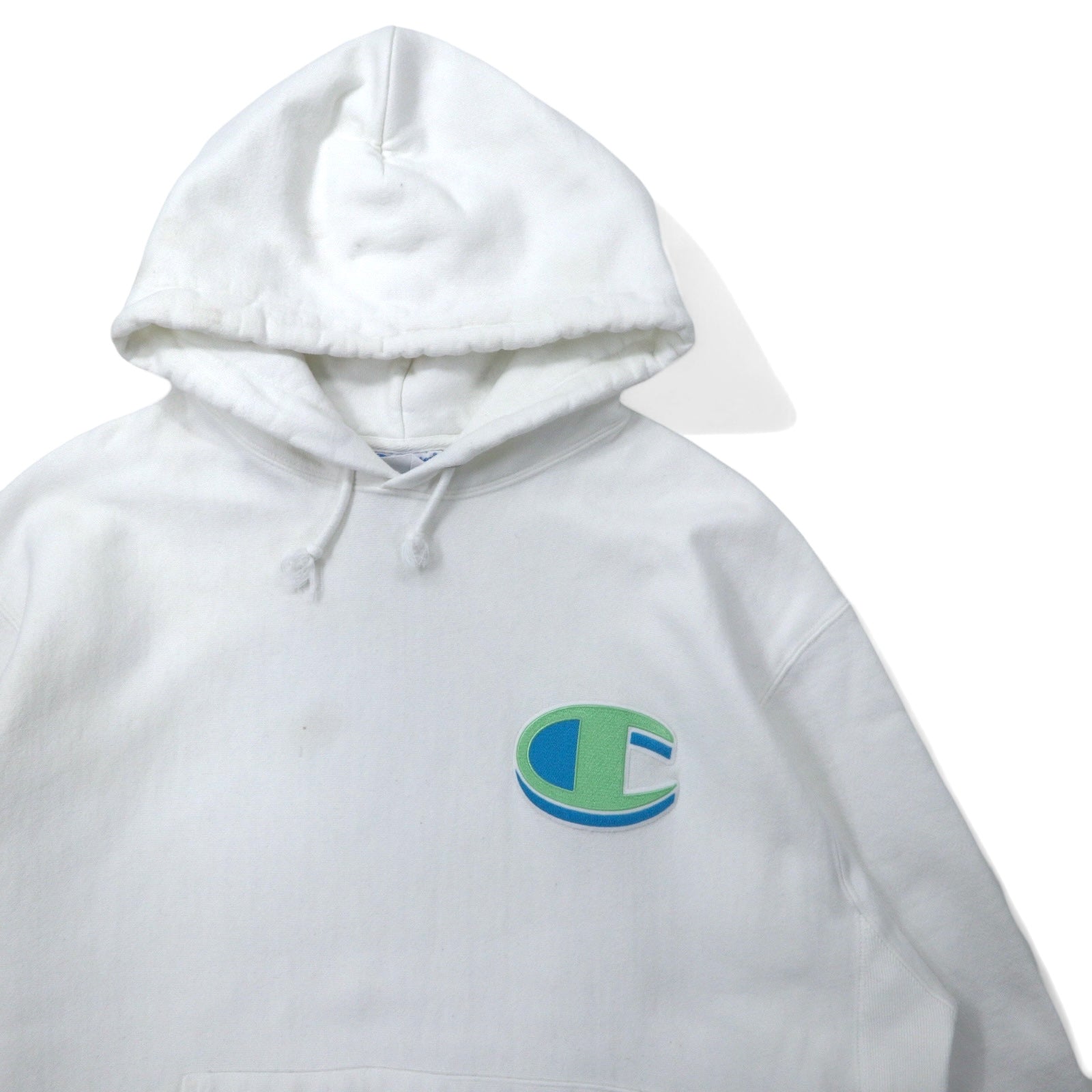 Felpa con cappuccio Champion Reverse Weave, pullover, taglia XL, bianca, in cotone, etichetta blu, riedizione, REVERSE WEAVE GF68WHC, Made in Honduras
