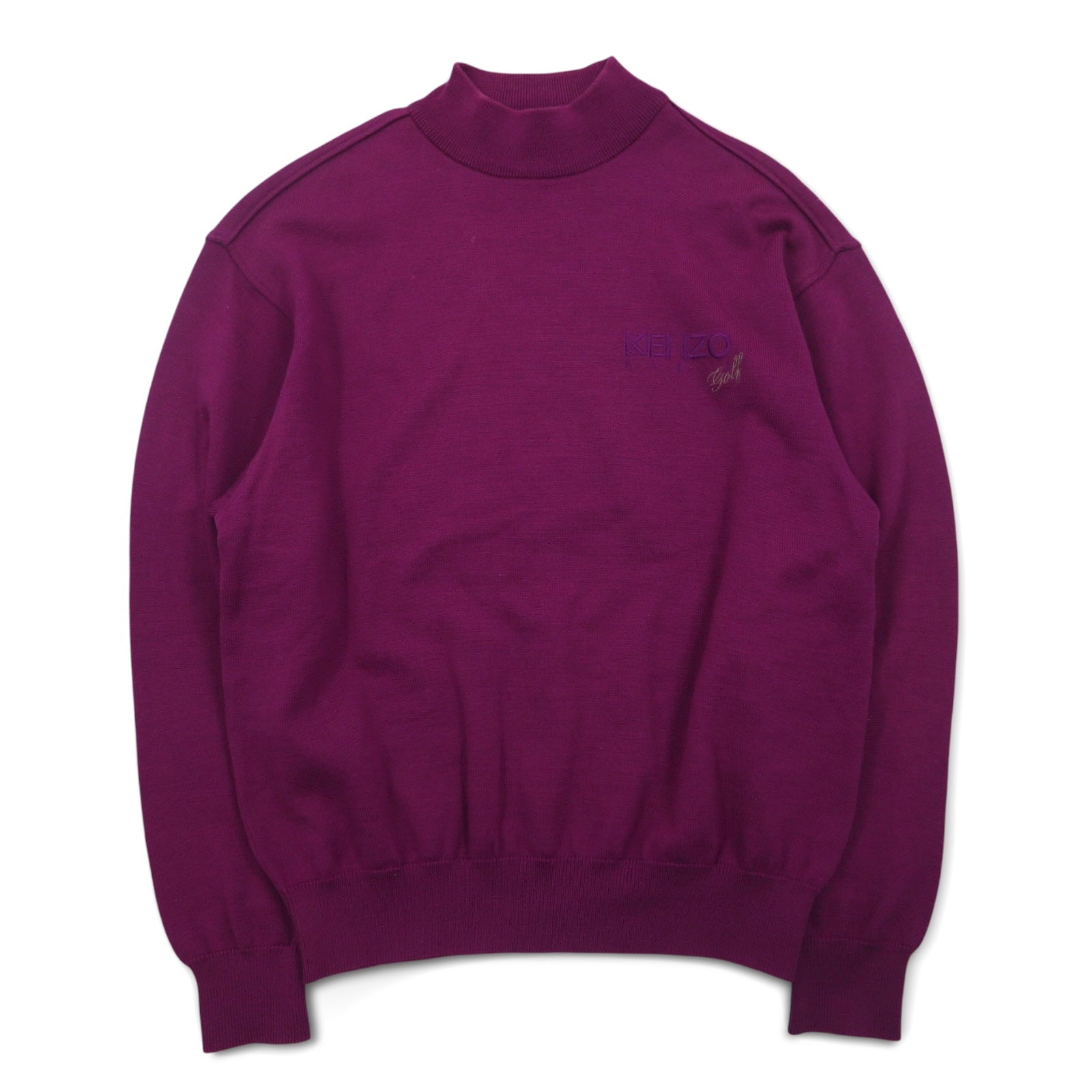 KENZO GOLF anni '90 lupetto in maglia a costa fine, maglione taglia S, viola, lana, ricamo logo a punto singolo, prodotto in Giappone
