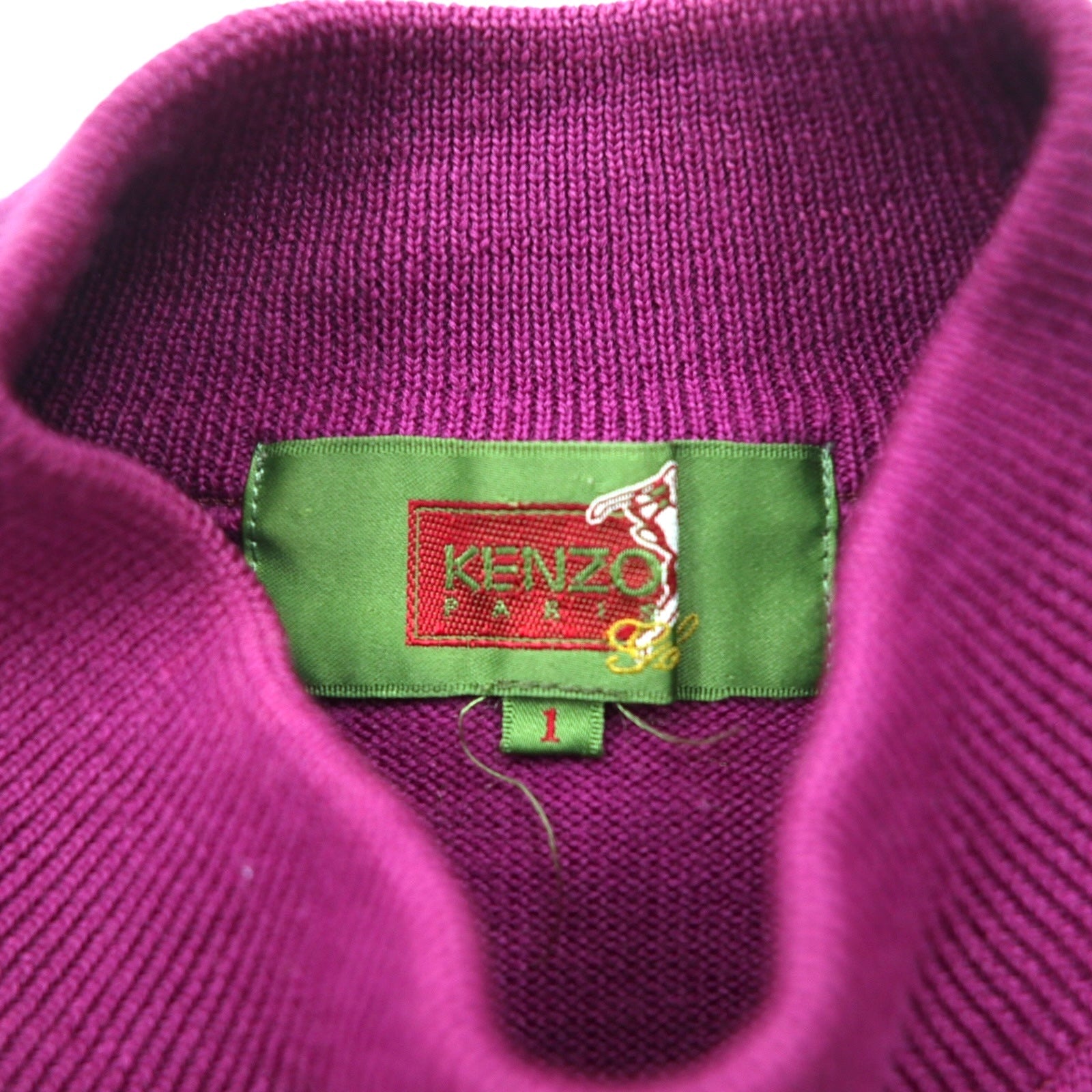 KENZO GOLF anni '90 lupetto in maglia a costa fine, maglione taglia S, viola, lana, ricamo logo a punto singolo, prodotto in Giappone