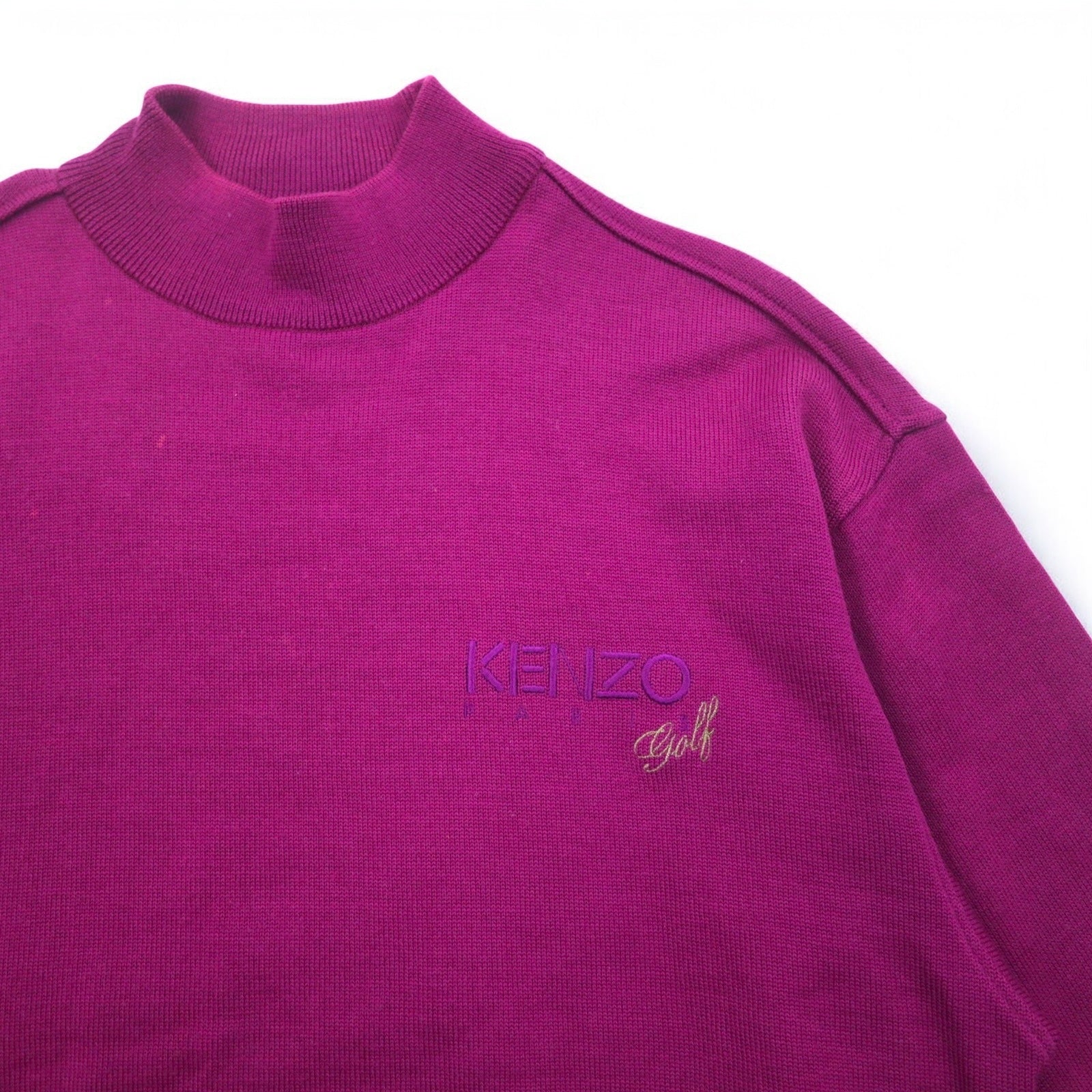 KENZO GOLF anni '90 lupetto in maglia a costa fine, maglione taglia S, viola, lana, ricamo logo a punto singolo, prodotto in Giappone