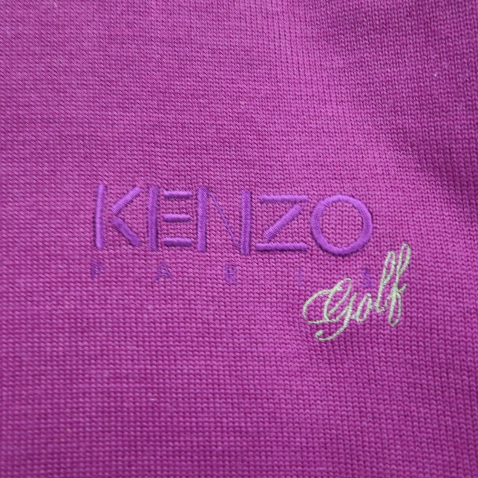 KENZO GOLF anni '90 lupetto in maglia a costa fine, maglione taglia S, viola, lana, ricamo logo a punto singolo, prodotto in Giappone