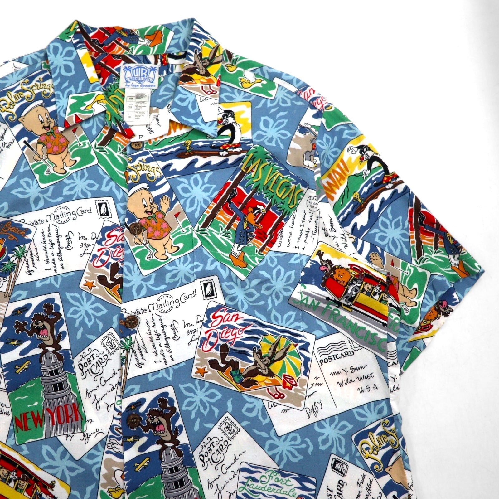 Reyn Spooner × WARNER BROS. Looney Tunes Camicia Aloha XL Blu Rayon Colletto aperto Stampa all-over Personaggi