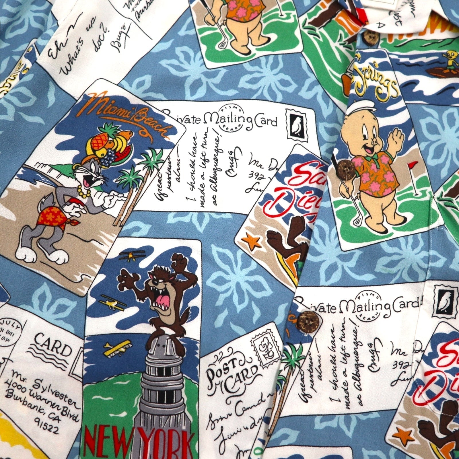 Reyn Spooner × WARNER BROS. Looney Tunes Camicia Aloha XL Blu Rayon Colletto aperto Stampa all-over Personaggi