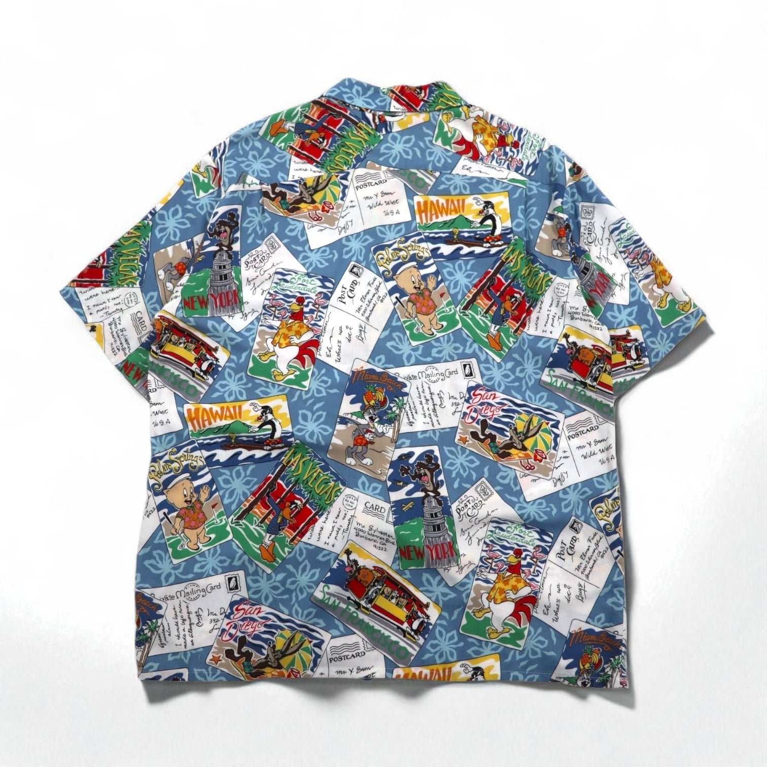 Reyn Spooner × WARNER BROS. Looney Tunes Camicia Aloha XL Blu Rayon Colletto aperto Stampa all-over Personaggi
