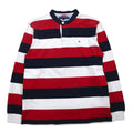 TOMMY HILFIGER Polo rugby a collo alla coreana, taglia M, righe tricolori, scollo Henley