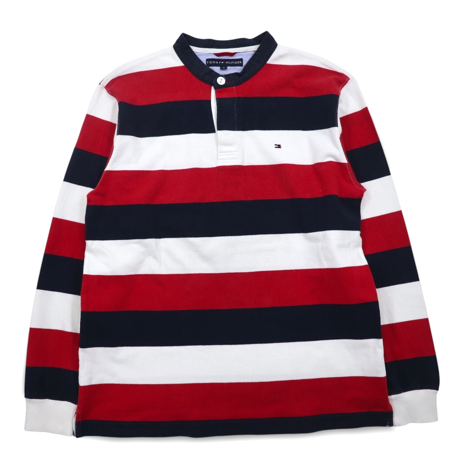 TOMMY HILFIGER Polo rugby a collo alla coreana, taglia M, righe tricolori, scollo Henley