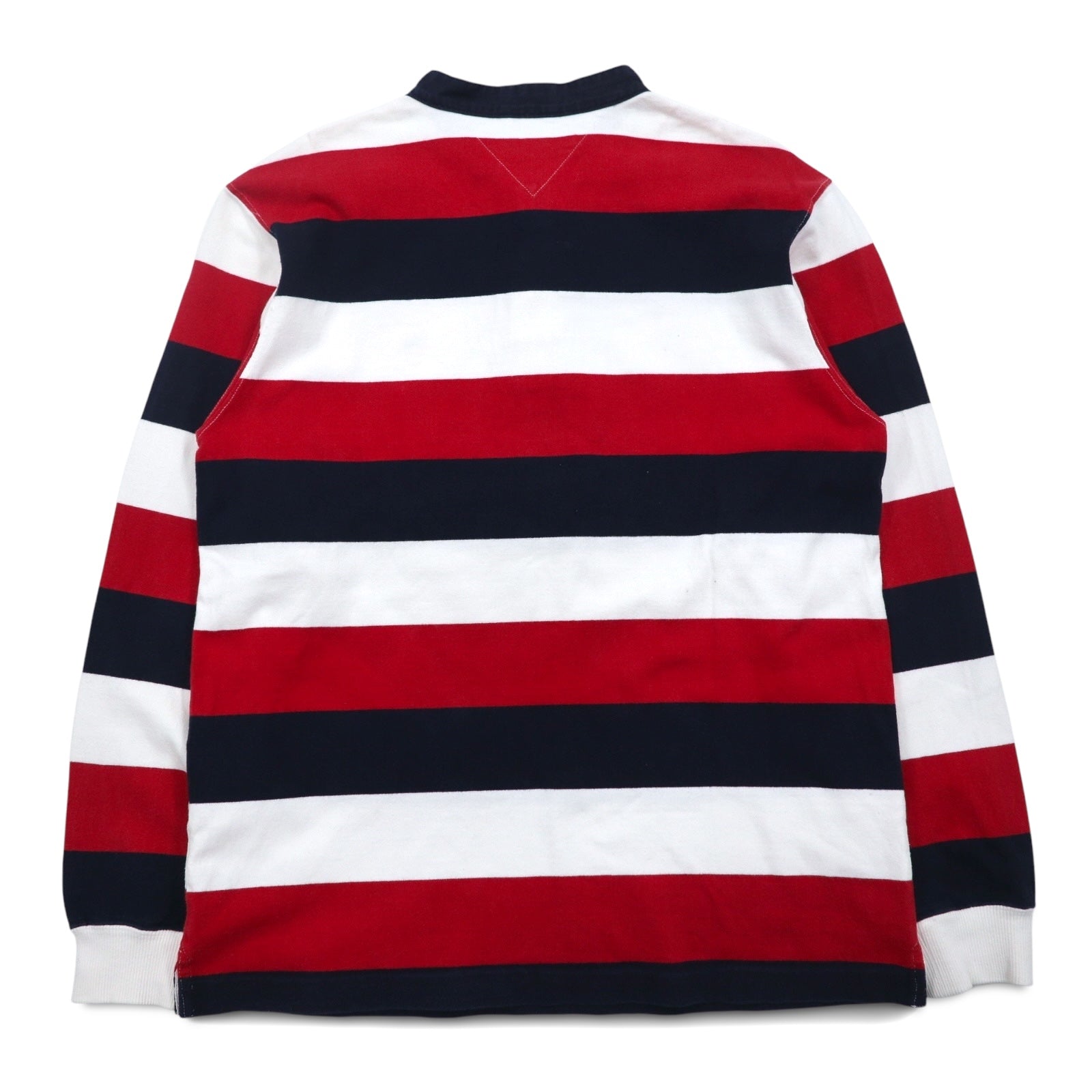 TOMMY HILFIGER Polo rugby a collo alla coreana, taglia M, righe tricolori, scollo Henley