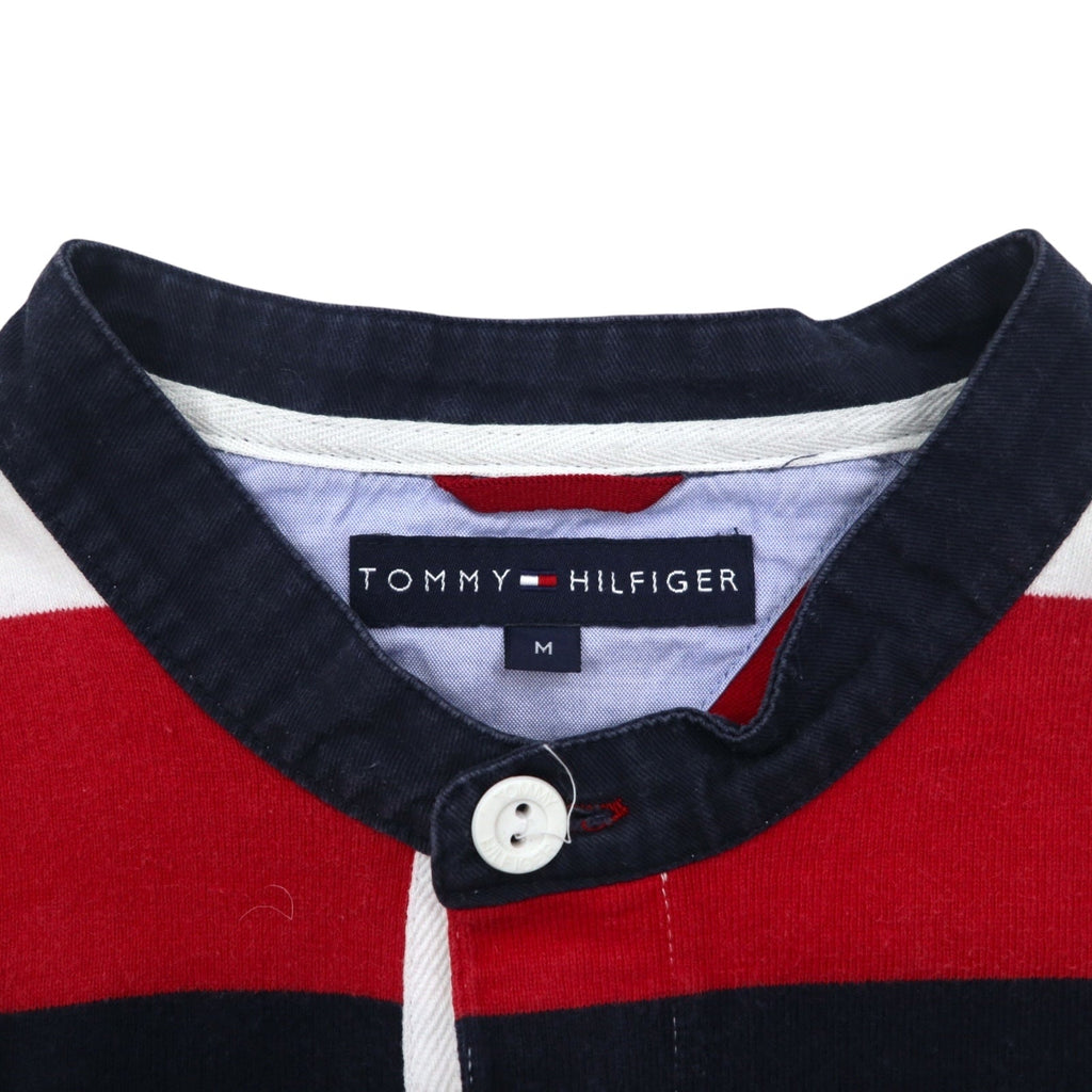 TOMMY HILFIGER Polo rugby a collo alla coreana, taglia M, righe tricolori, scollo Henley