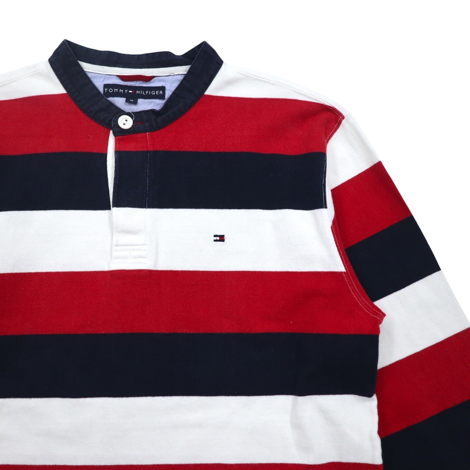 TOMMY HILFIGER Polo rugby a collo alla coreana, taglia M, righe tricolori, scollo Henley