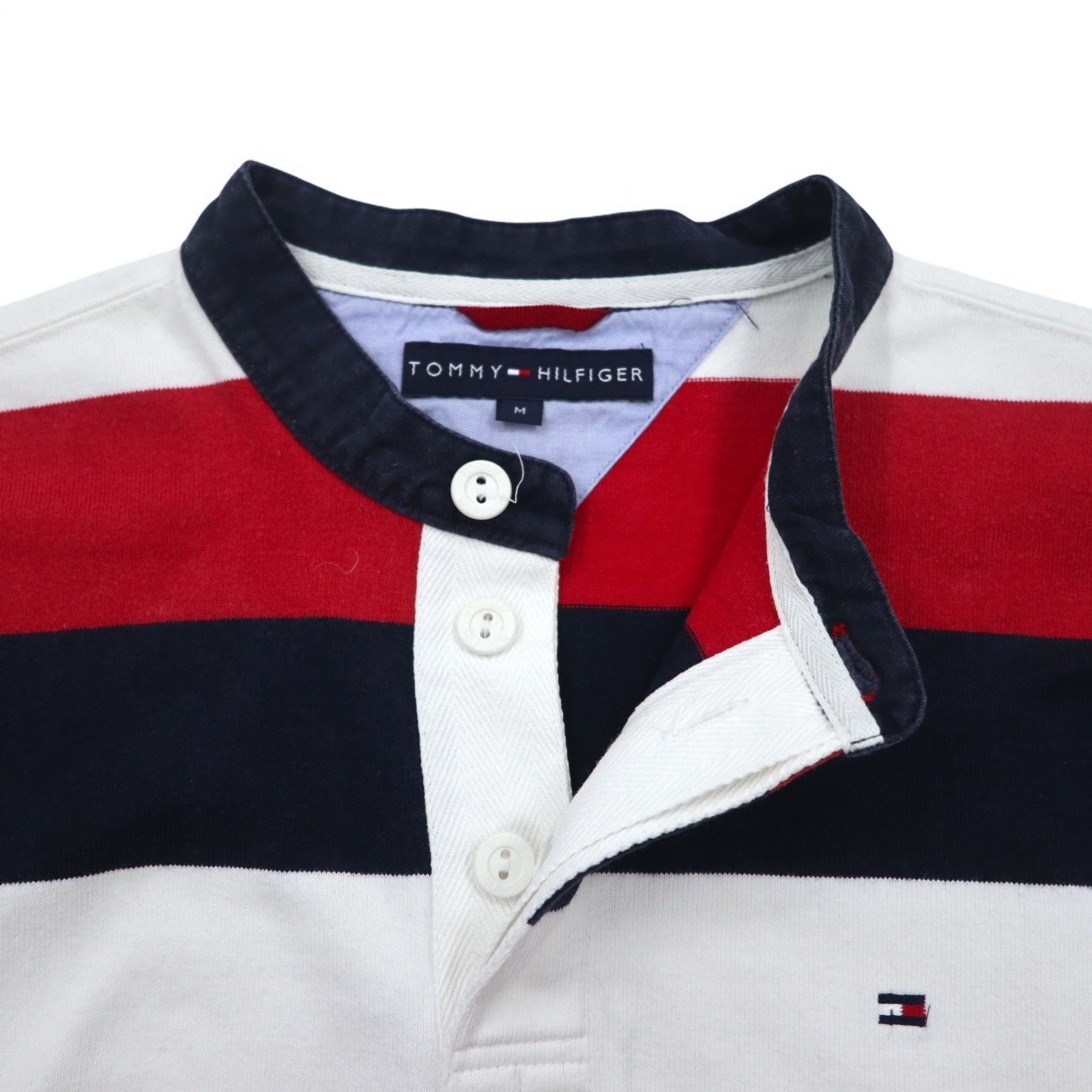 TOMMY HILFIGER Polo rugby a collo alla coreana, taglia M, righe tricolori, scollo Henley