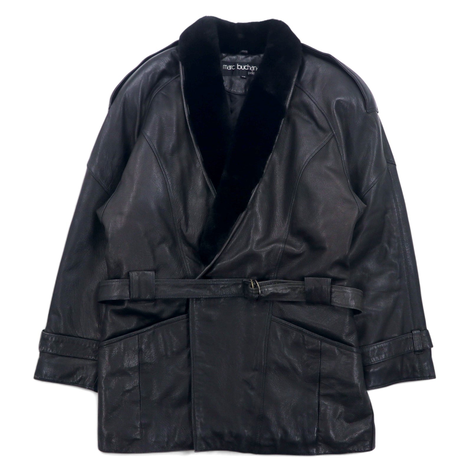 Anni '90 Pelle Pelle Marc Buchanan pelle pelle cappotto lungo in pelle con collo a scialle, nero, taglia M, in pelle bovina, colletto in pelliccia, spalline, con cintura