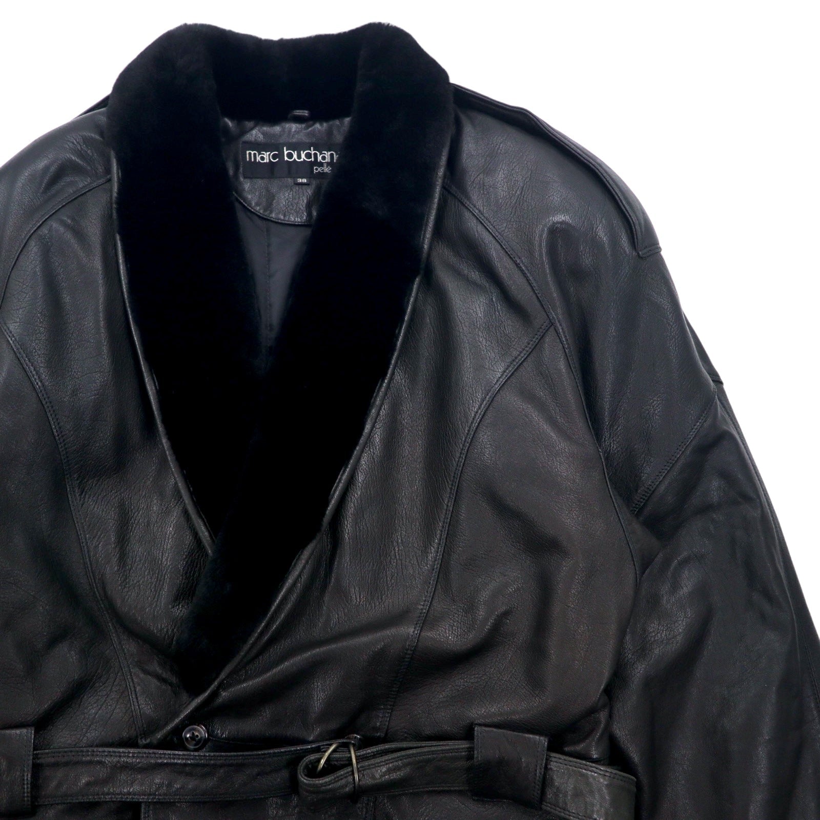 Anni '90 Pelle Pelle Marc Buchanan pelle pelle cappotto lungo in pelle con collo a scialle, nero, taglia M, in pelle bovina, colletto in pelliccia, spalline, con cintura