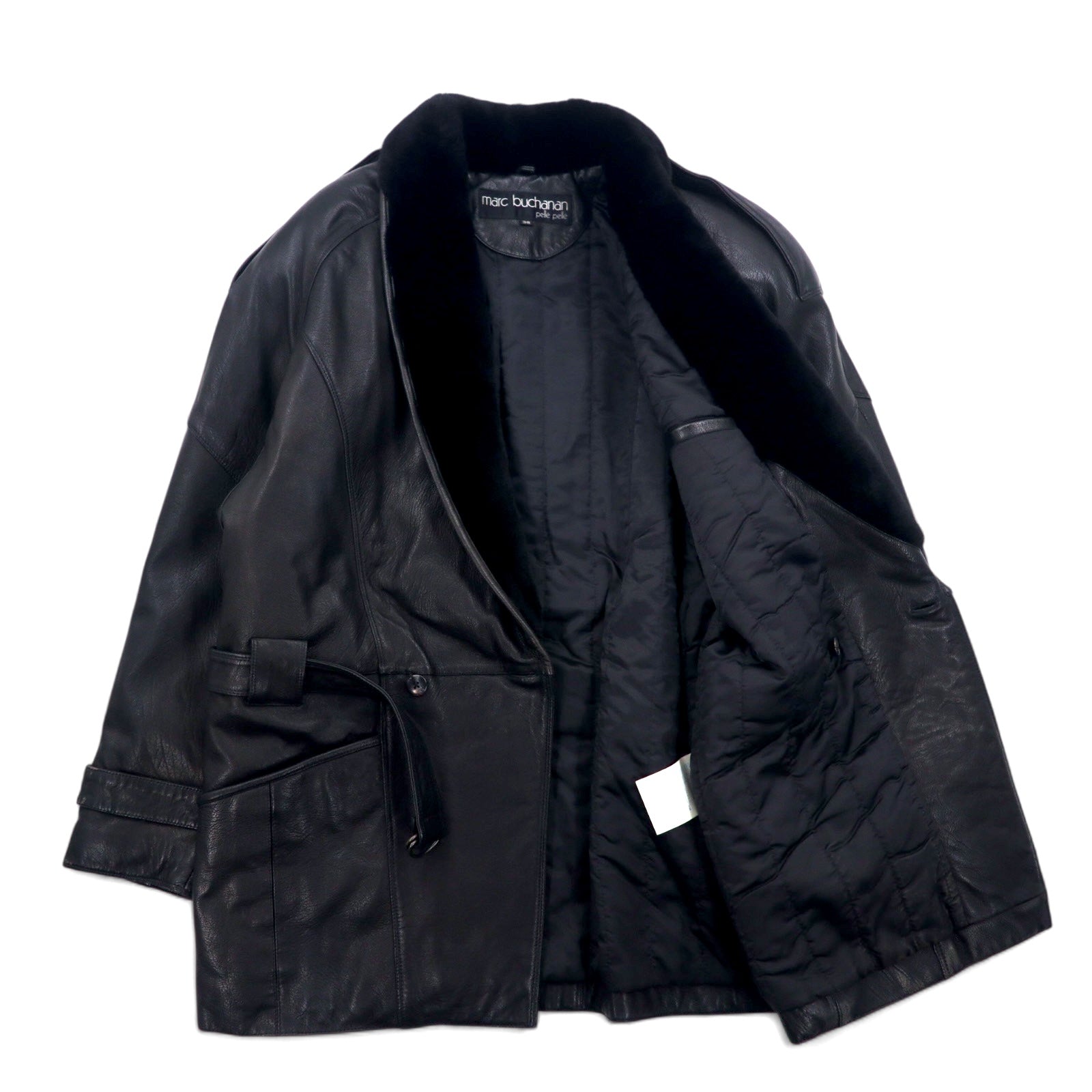 Anni '90 Pelle Pelle Marc Buchanan pelle pelle cappotto lungo in pelle con collo a scialle, nero, taglia M, in pelle bovina, colletto in pelliccia, spalline, con cintura