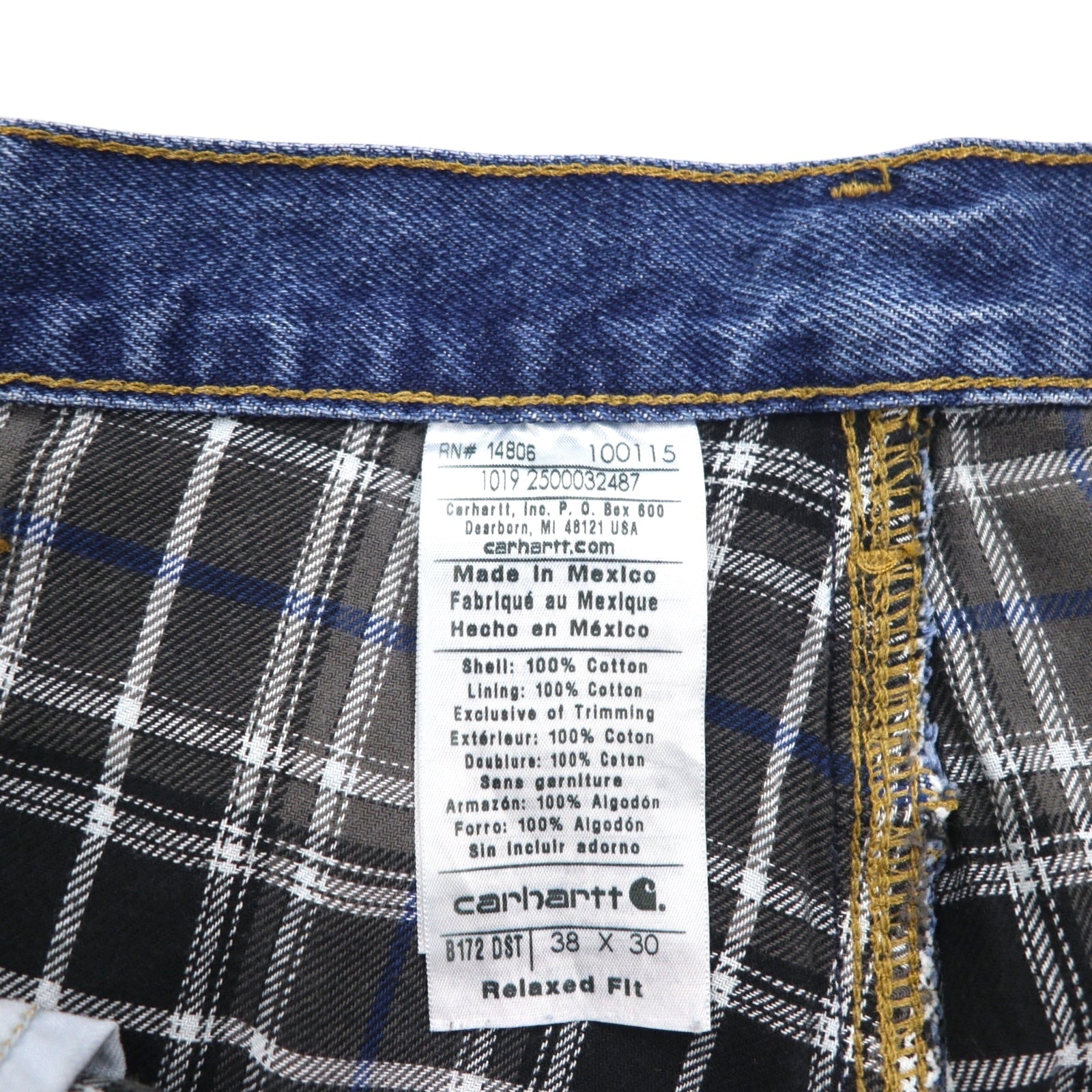 Carhartt, vestibilità relaxed, pantaloni in denim foderati in flanella, taglia XL, blu indaco, fodera a quadri, B172 DST, Made in Mexico
