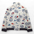 BLUE BLUE Giacca con cerniera a collo alto, taglia M, bianca, fantasia all-over, motivo a bandiere nautiche, made in Japan