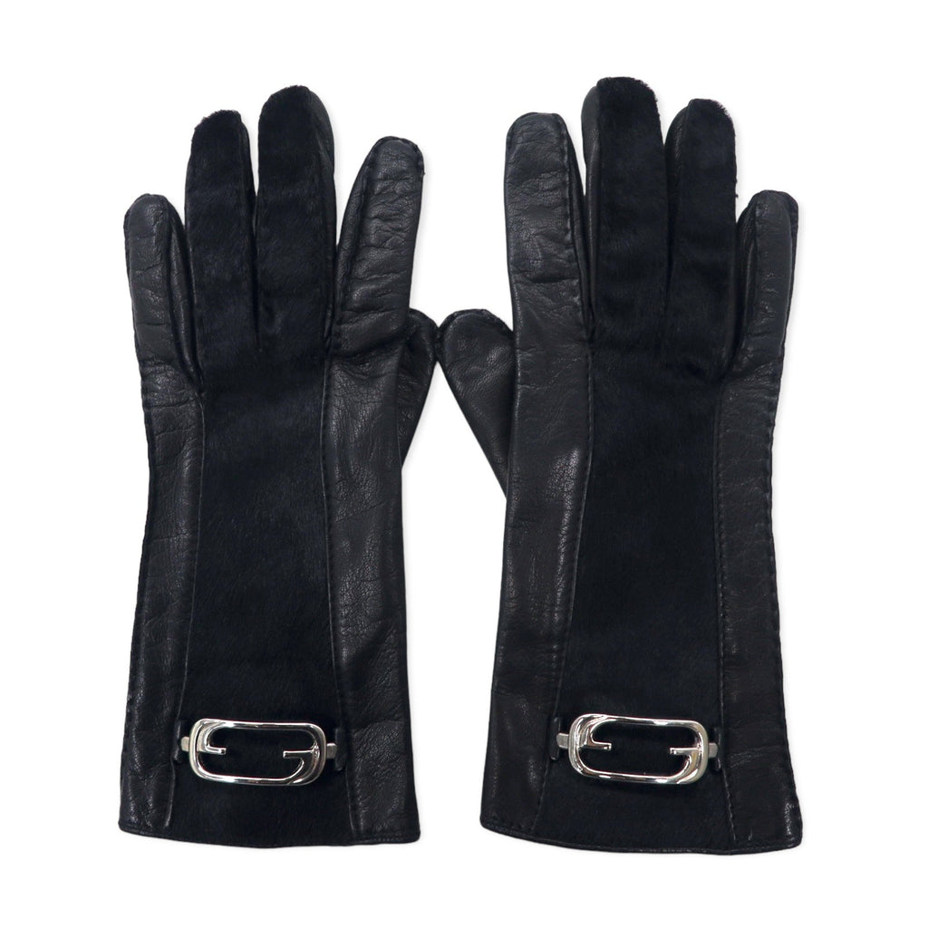 GUCCI Made in Italy Vecchia Gucci Guanti in pelle di cavallino Neri 6 con placca logo GG da donna