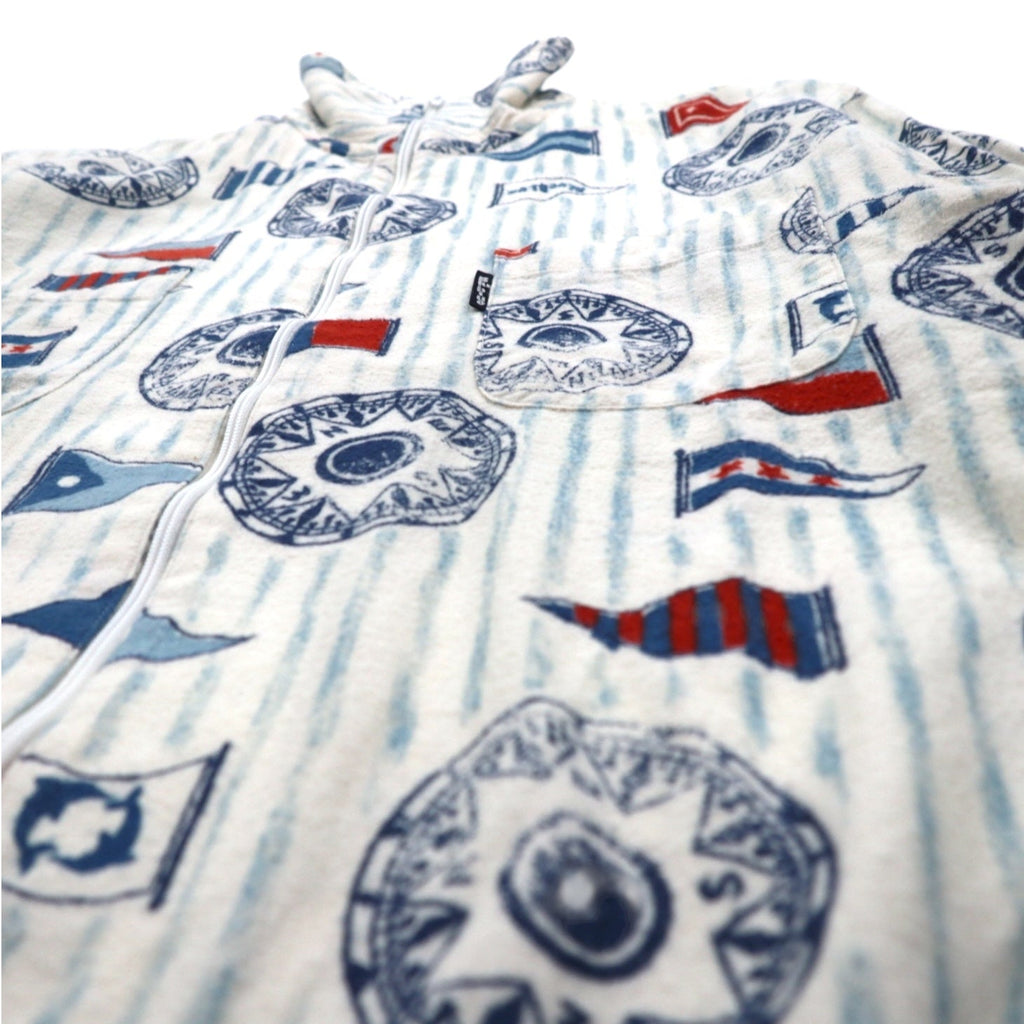 BLUE BLUE Giacca con cerniera a collo alto, taglia M, bianca, fantasia all-over, motivo a bandiere nautiche, made in Japan