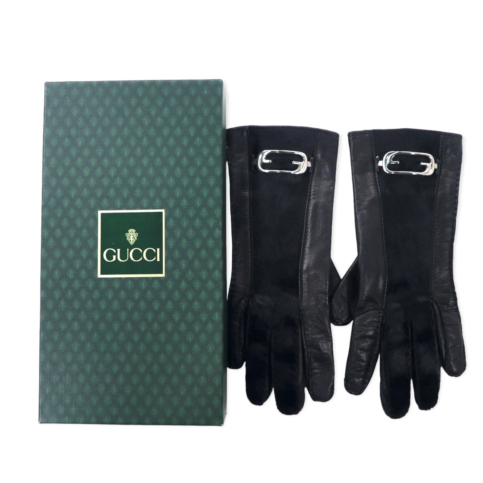 GUCCI Made in Italy Vecchia Gucci Guanti in pelle di cavallino Neri 6 con placca logo GG da donna