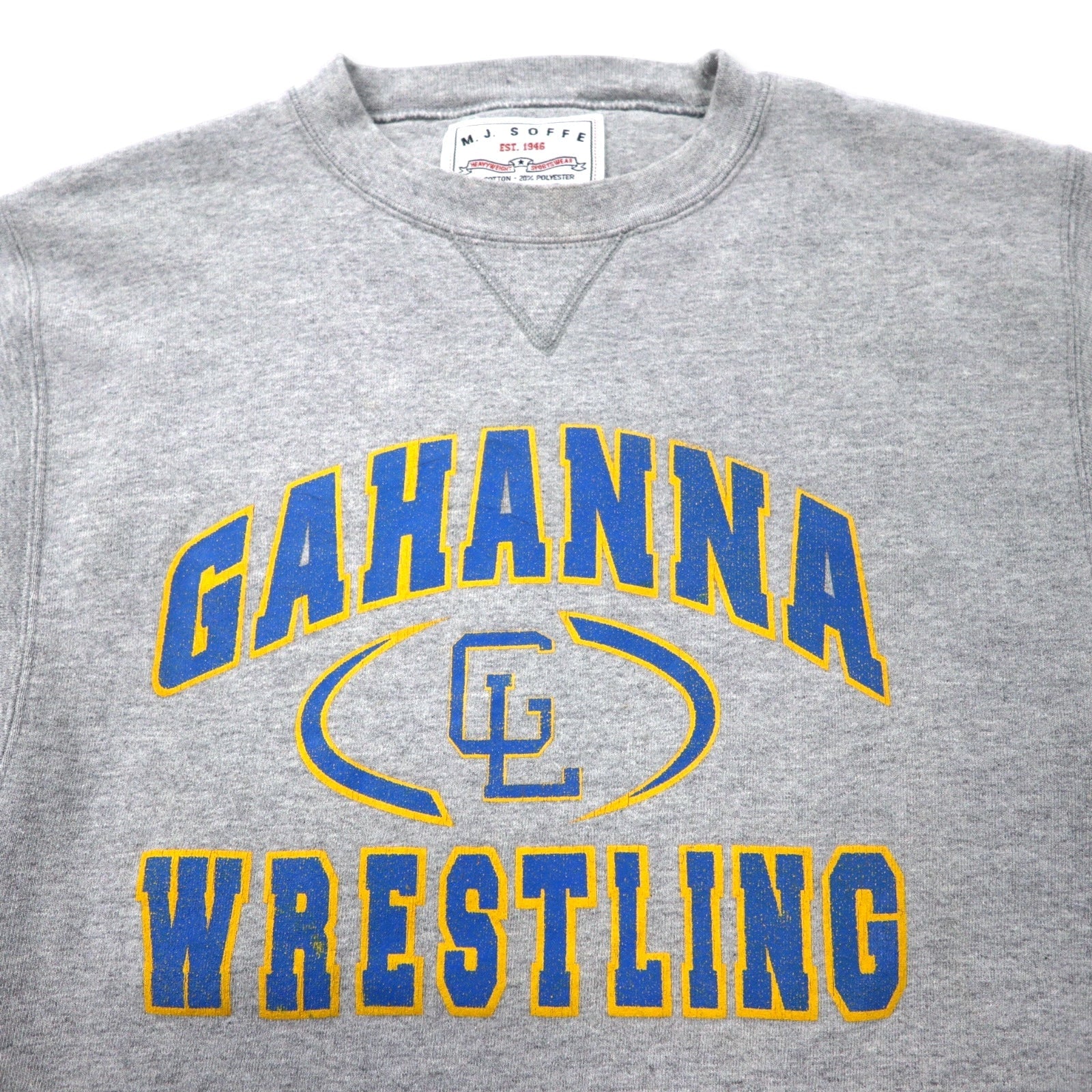 M.J. SOFFE USA製 Anni '90 College Stampa Felpa S Grigio Cotone Scollo a V GAHANNA WRESTLING